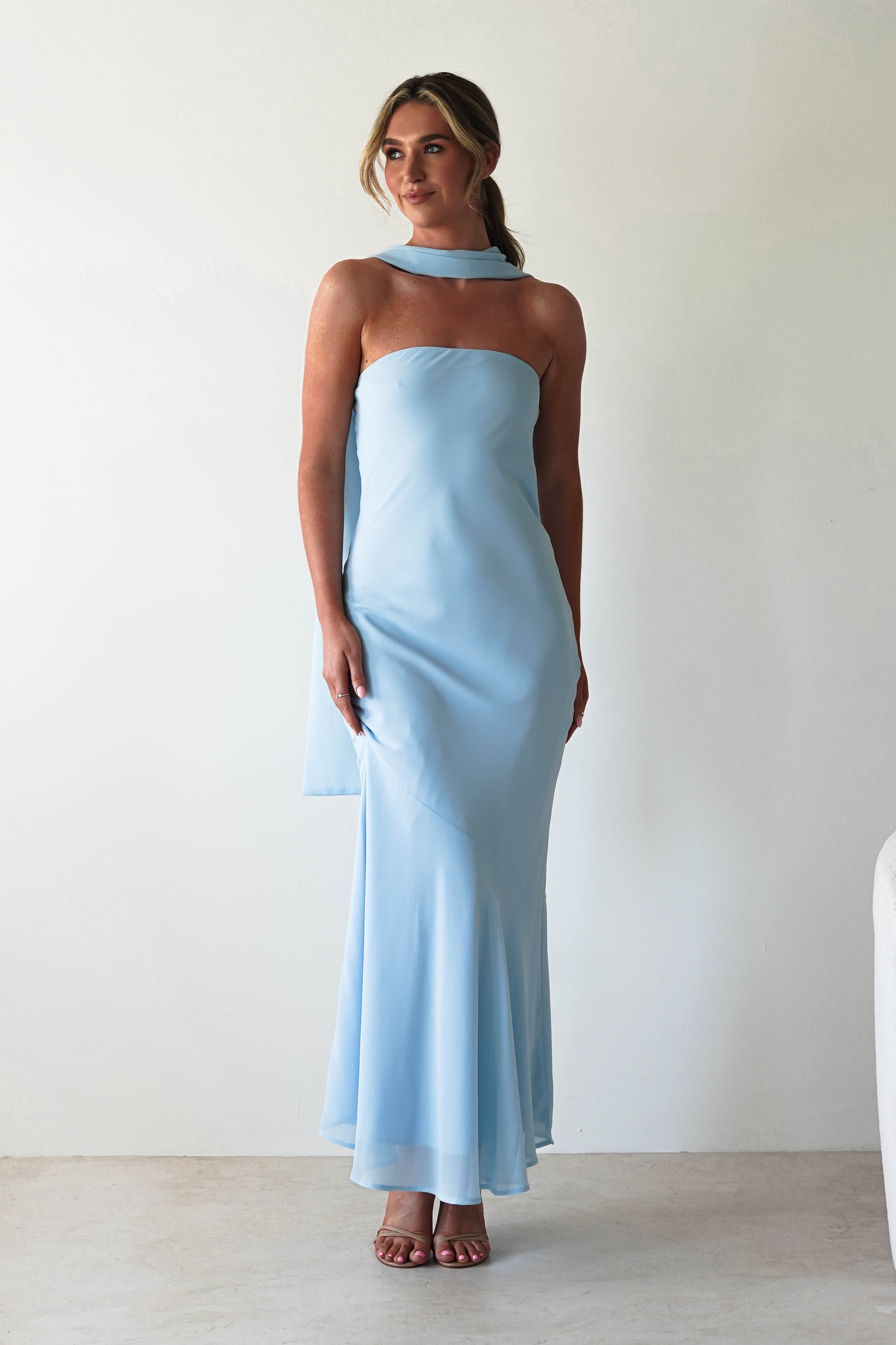 Carli Strapless Chiffon Maxi Dress Blue | Wedding Guest Dress | Maxi | Chiffon | Oh Hello Clothing