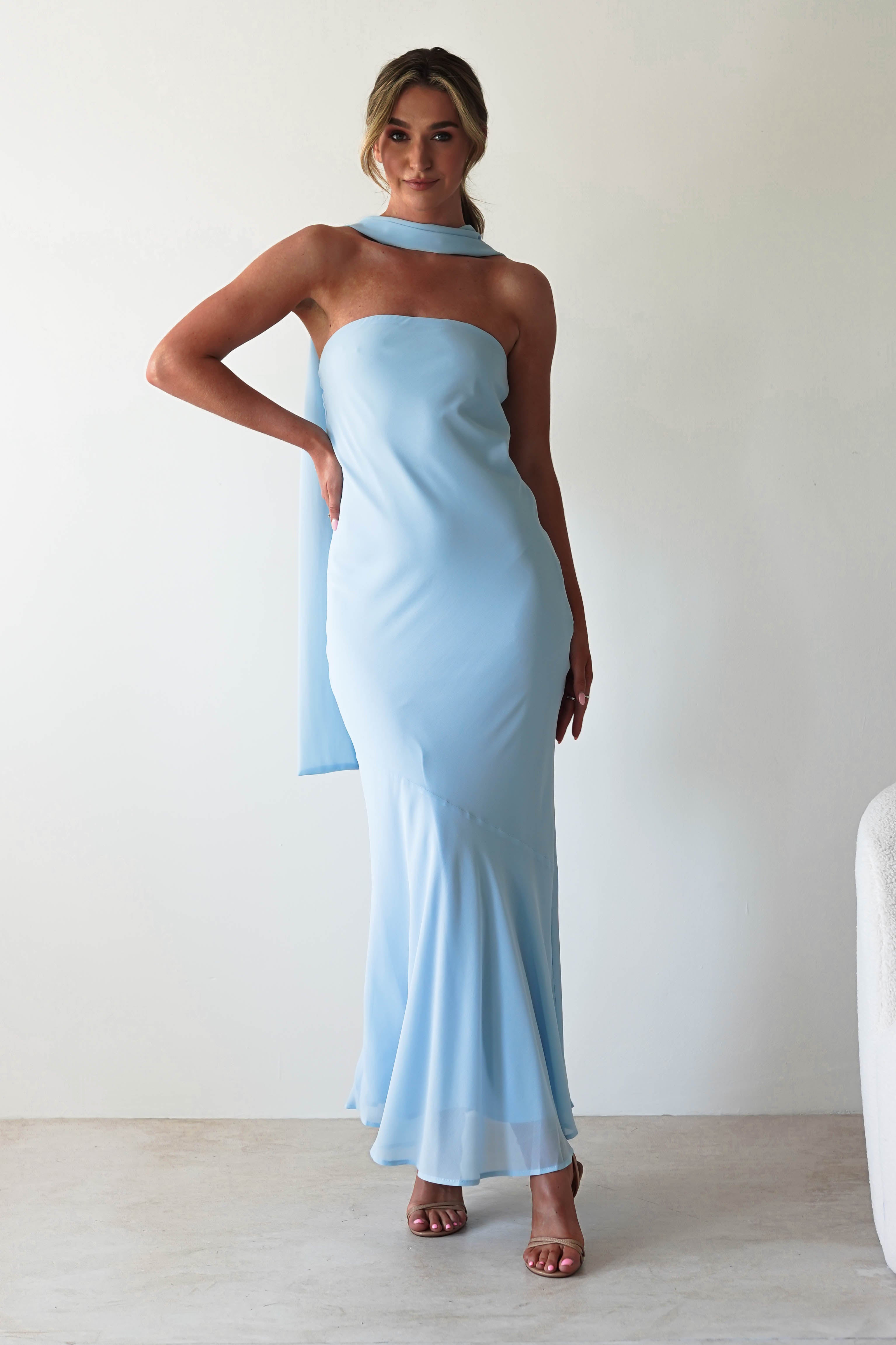 Carli Strapless Chiffon Maxi Dress Blue | Wedding Guest Dress | Maxi | Chiffon | Oh Hello Clothing