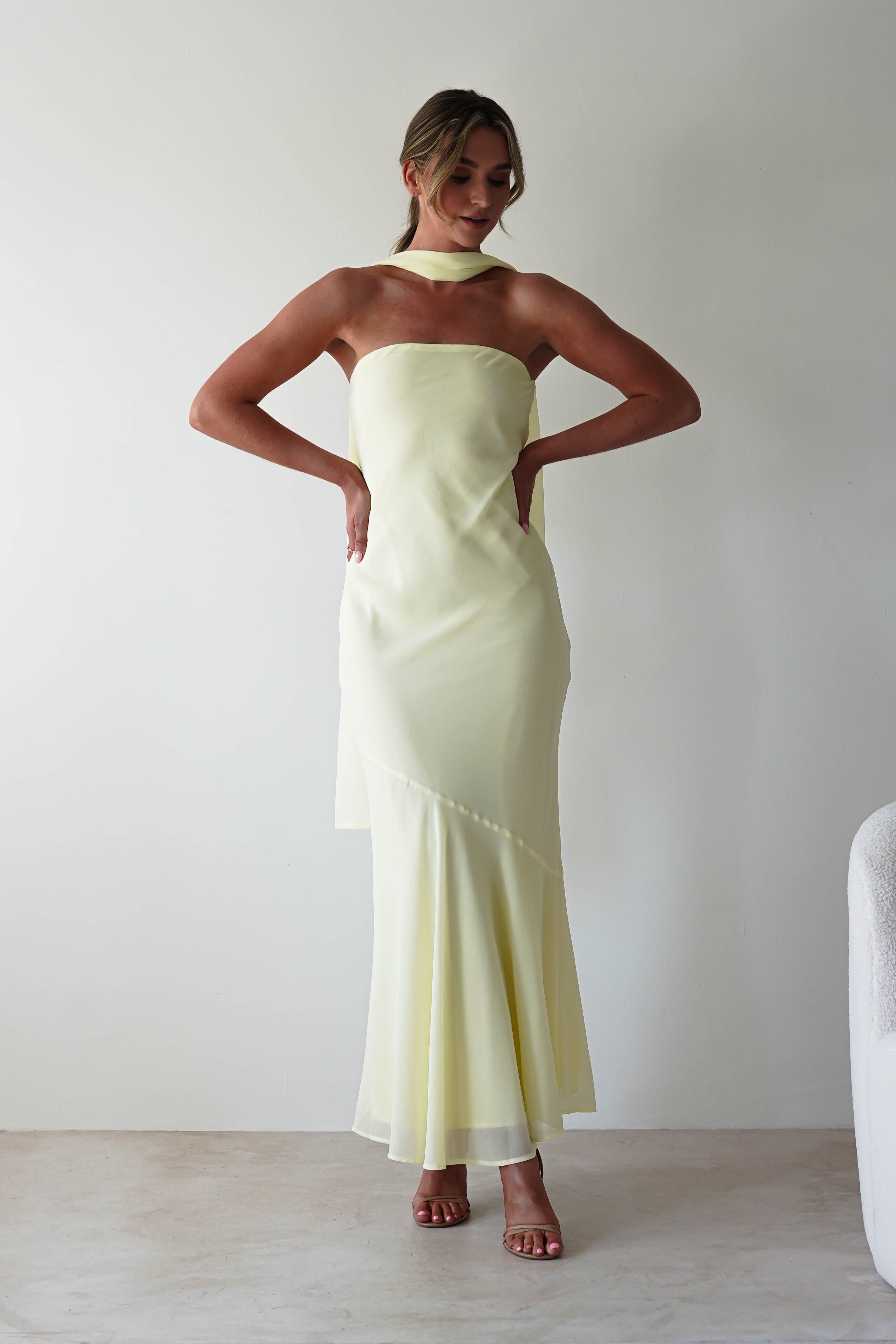 Carli Strapless Chiffon Maxi Dress Yellow | Wedding Guest Dress | Maxi | Chiffon | Oh Hello Clothing