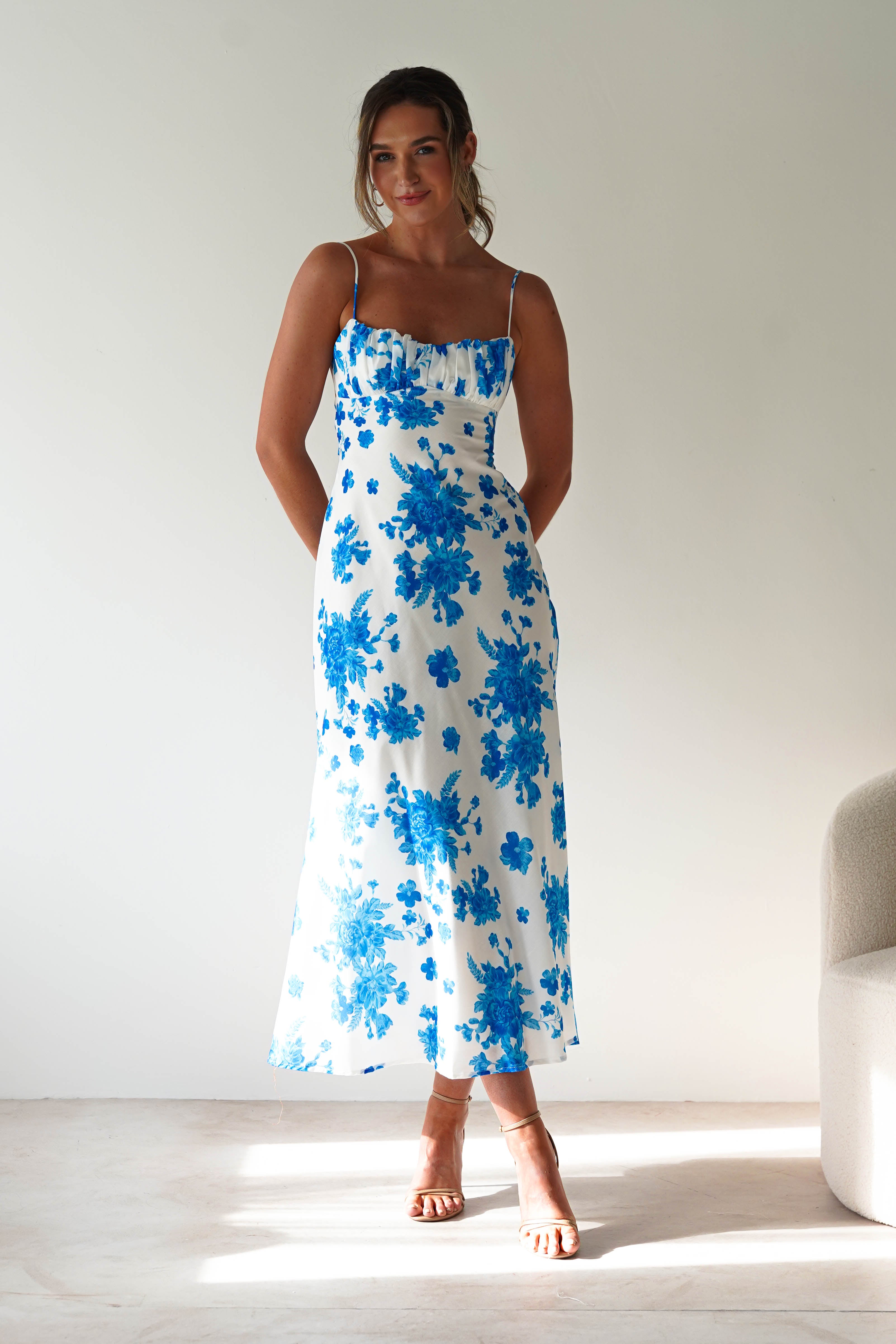 Gina Cotton Floral Maxi Dress Blue/White Print | Wedding Guest Dress | Maxi | Oh Hello Clothing
