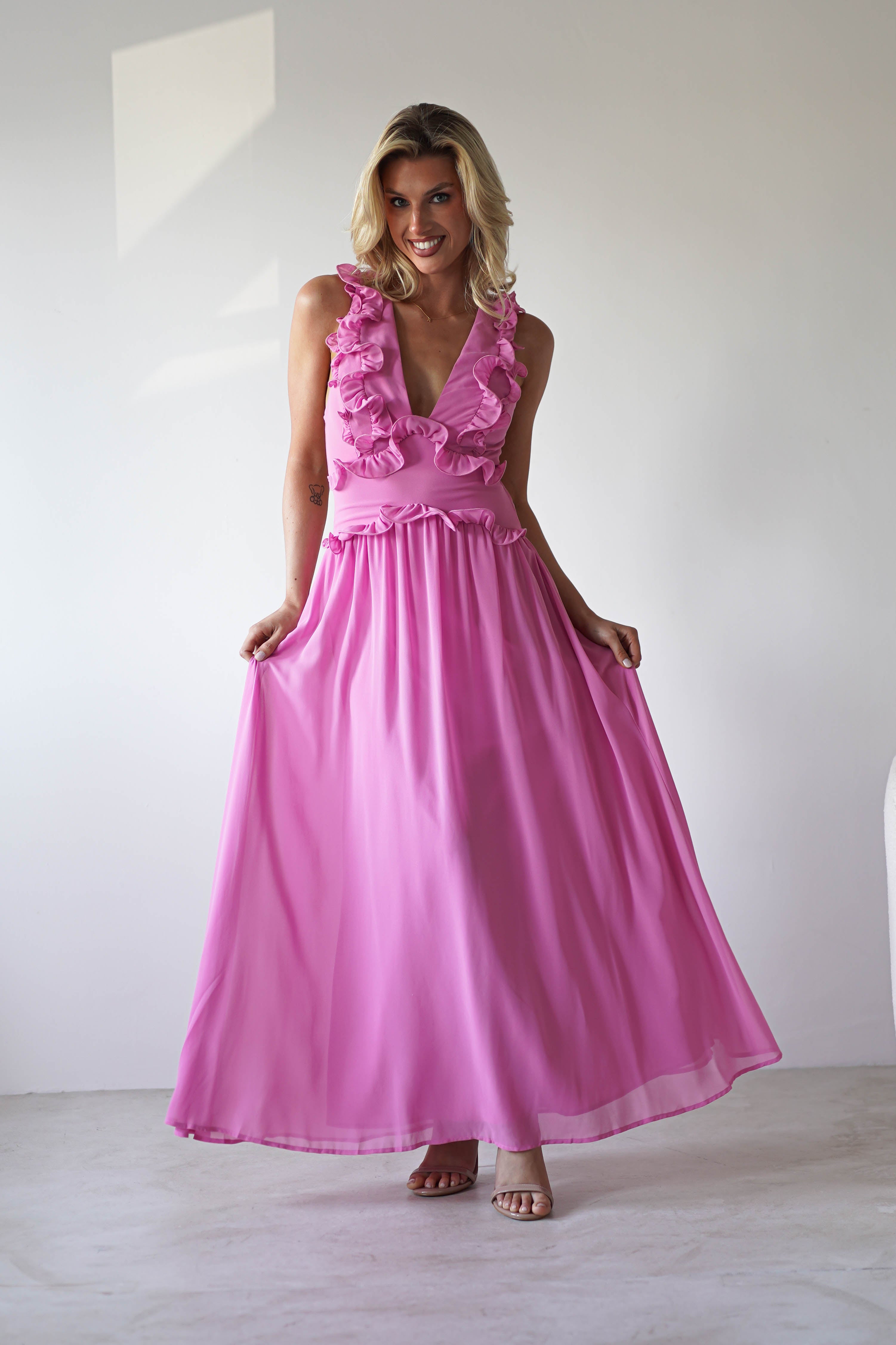 Ellie Ruffle Detail Maxi Dress Pink | Wedding Guest Dress | Maxi | Oh Hello Clothing