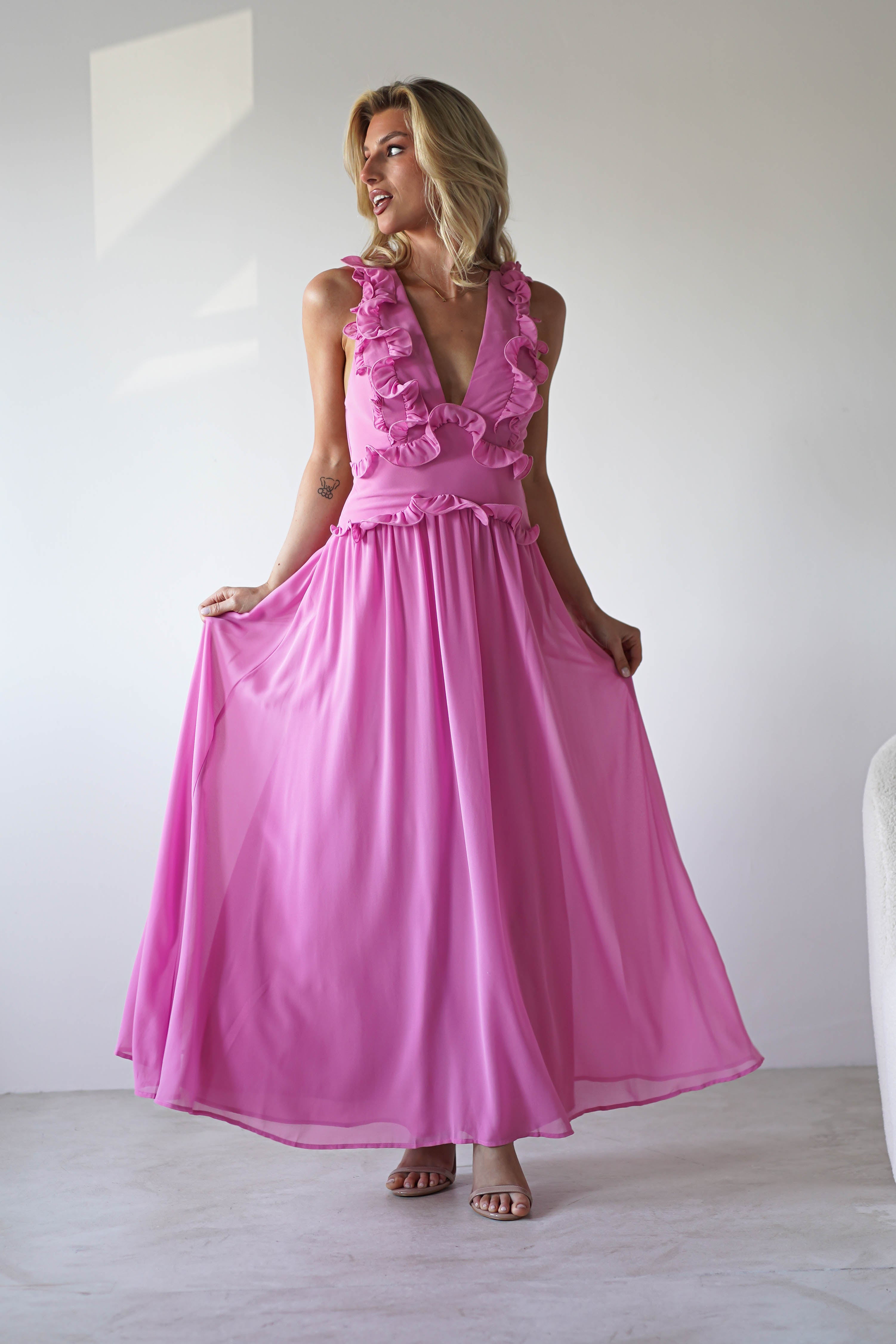 Ellie Ruffle Detail Maxi Dress Pink | Wedding Guest Dress | Maxi | Oh Hello Clothing