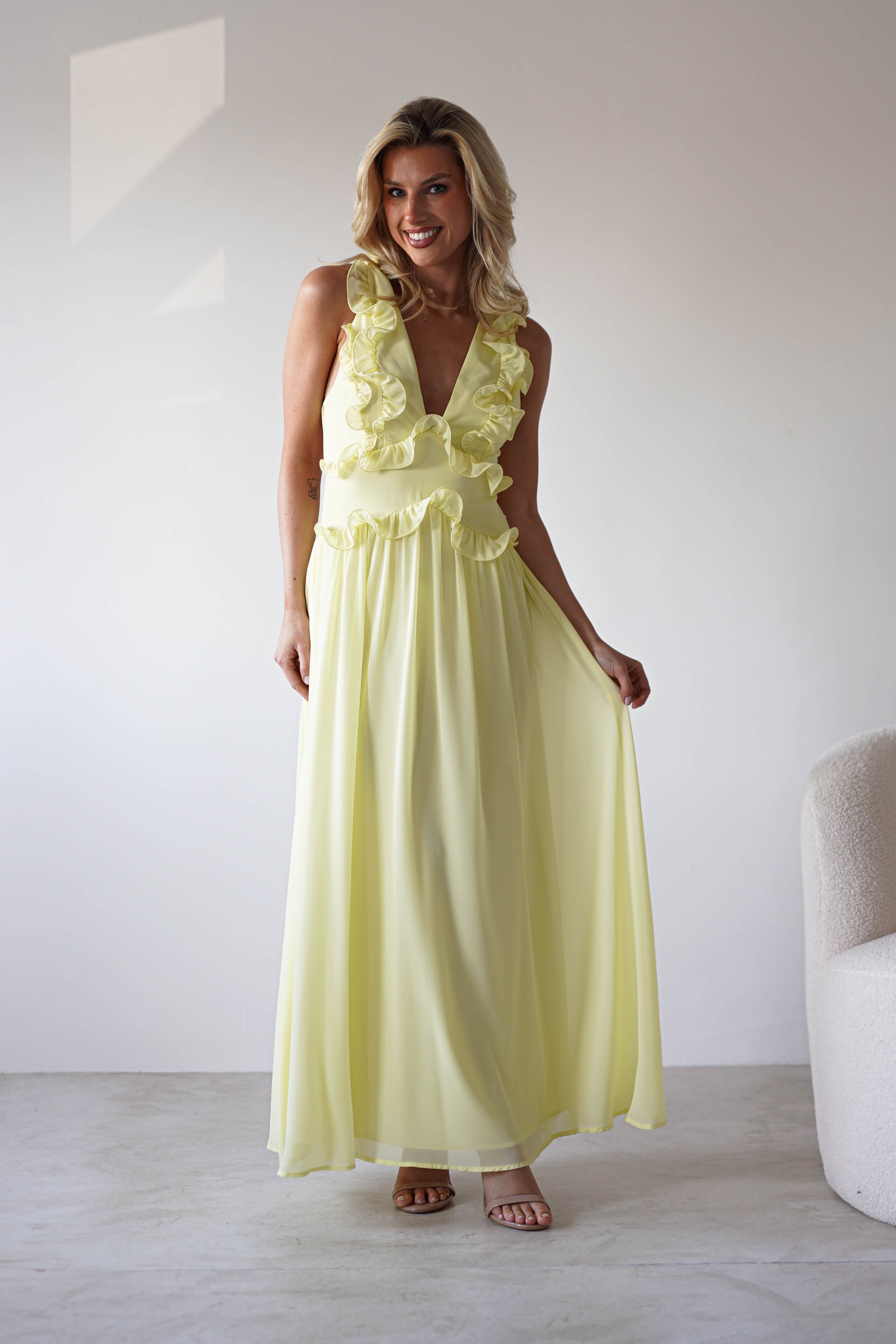 Ellie Ruffle Detail Maxi Dress Yellow | Wedding Guest Dress | Maxi | Oh Hello Clothing