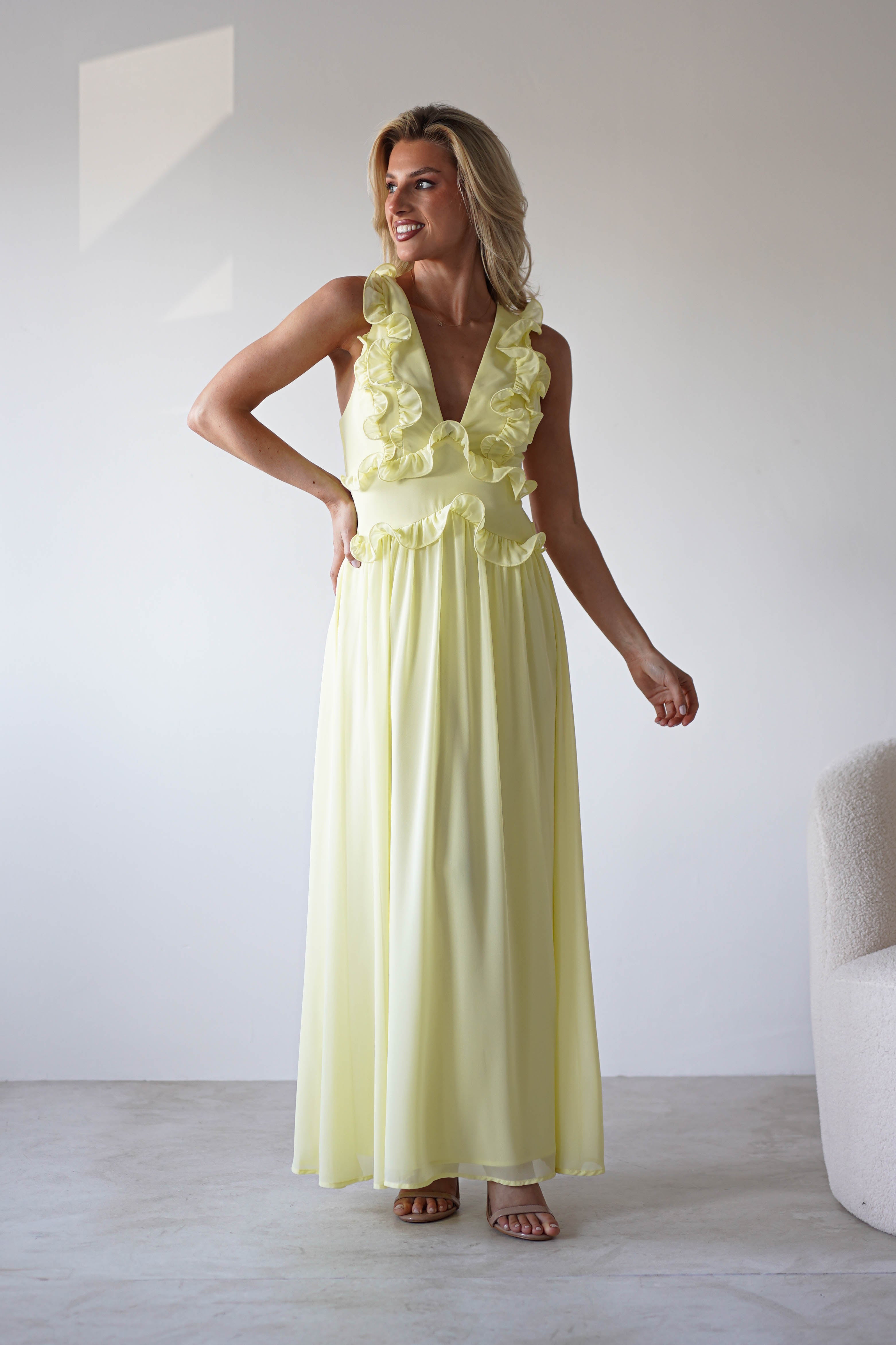 Ellie Ruffle Detail Maxi Dress Yellow | Wedding Guest Dress | Maxi | Oh Hello Clothing