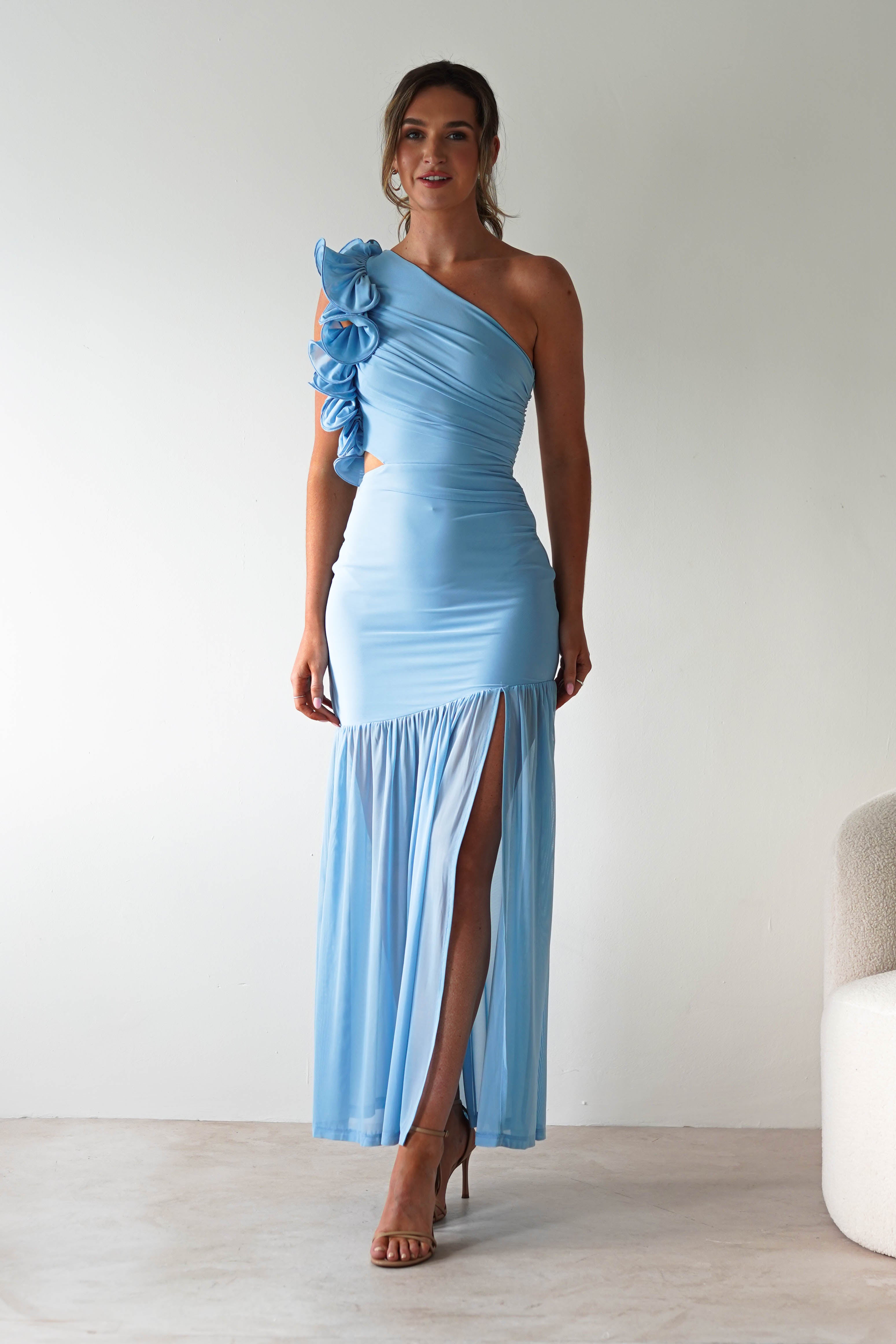 Stephanie Mesh Ruffle Maxi Dress Blue | Wedding Guest Dress | Maxi | Mesh | Oh Hello Clothing