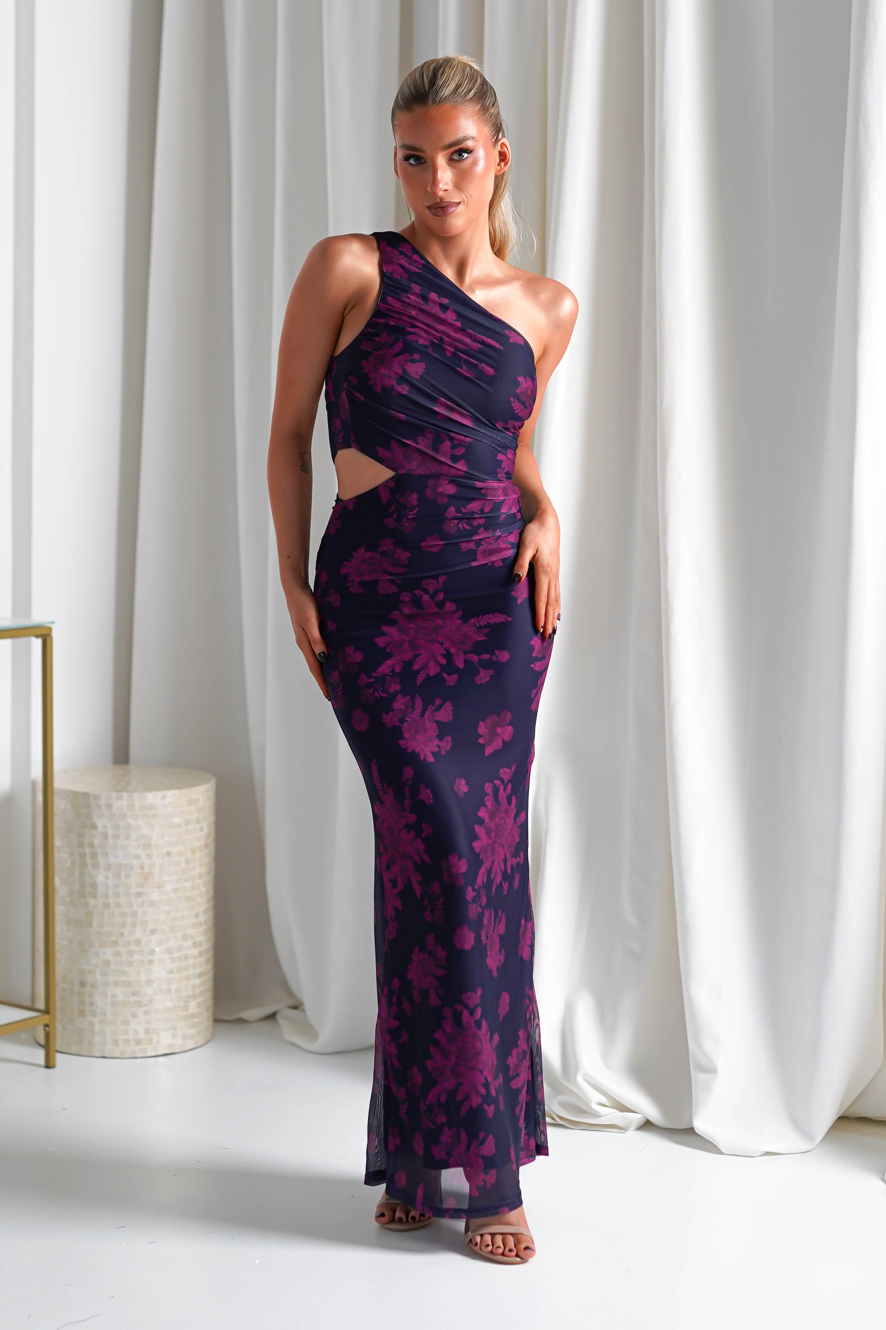 Petra Bodycon Printed Maxi Dress Grape | Wedding Guest Dress | Bodycon | Maxi | Oh Hello Clothing