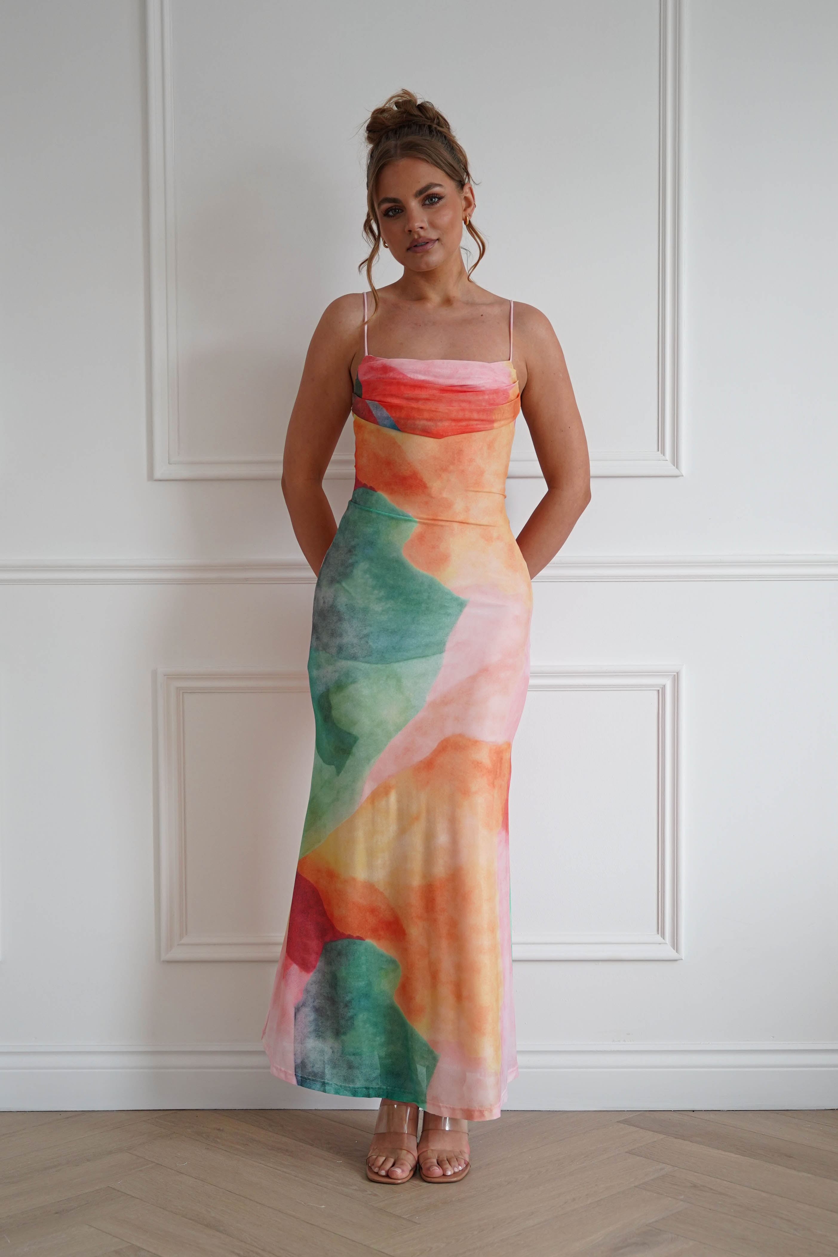 Oh Hello Clothing Dresses > Prom Dresses 1*DONE-64531D07-INDIKAH-ORANGE (MULTI) colour Cowl Neck Maxi Dress
