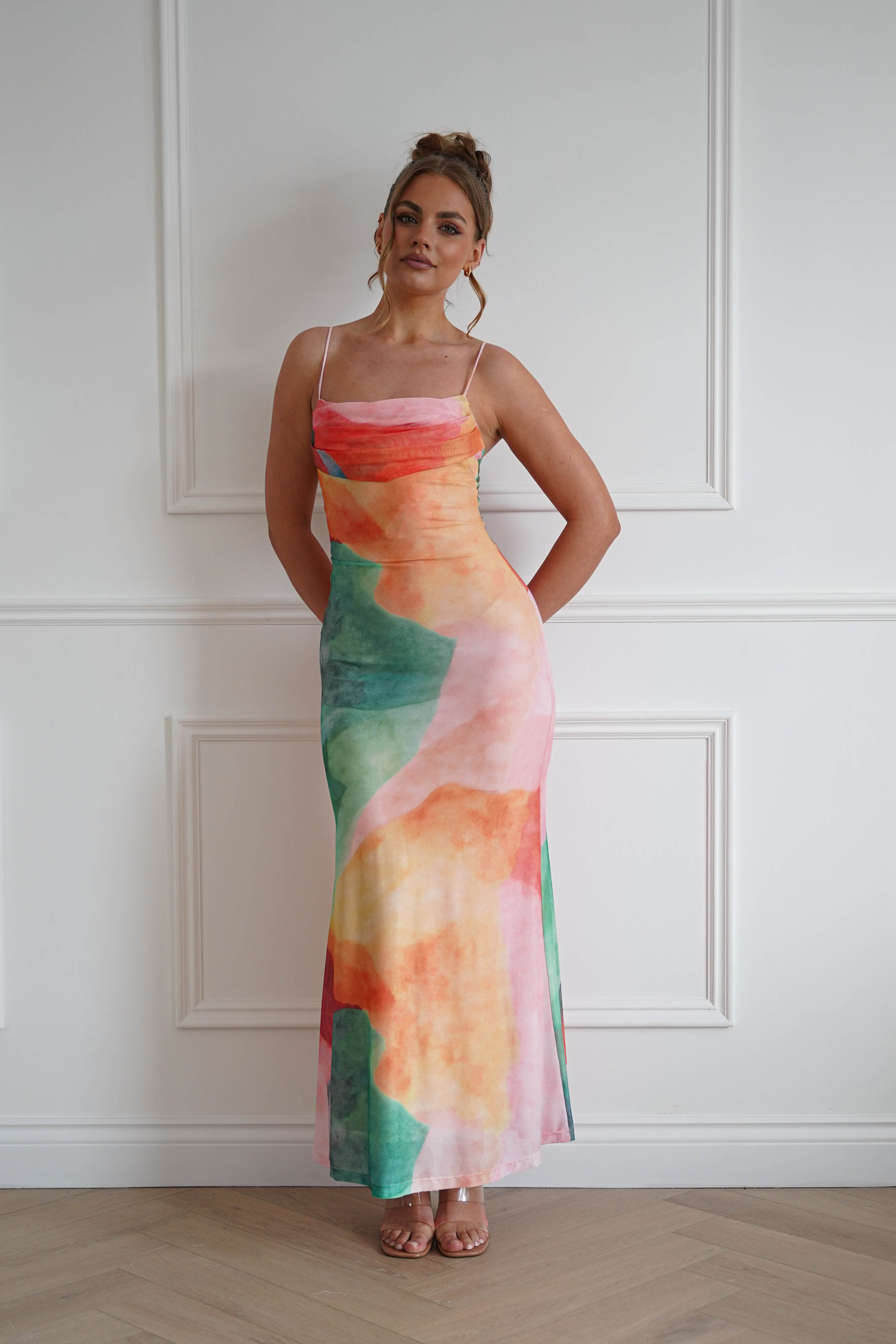 Oh Hello Clothing Dresses > Prom Dresses 1*DONE-64531D07-INDIKAH-ORANGE (MULTI) colour Cowl Neck Maxi Dress