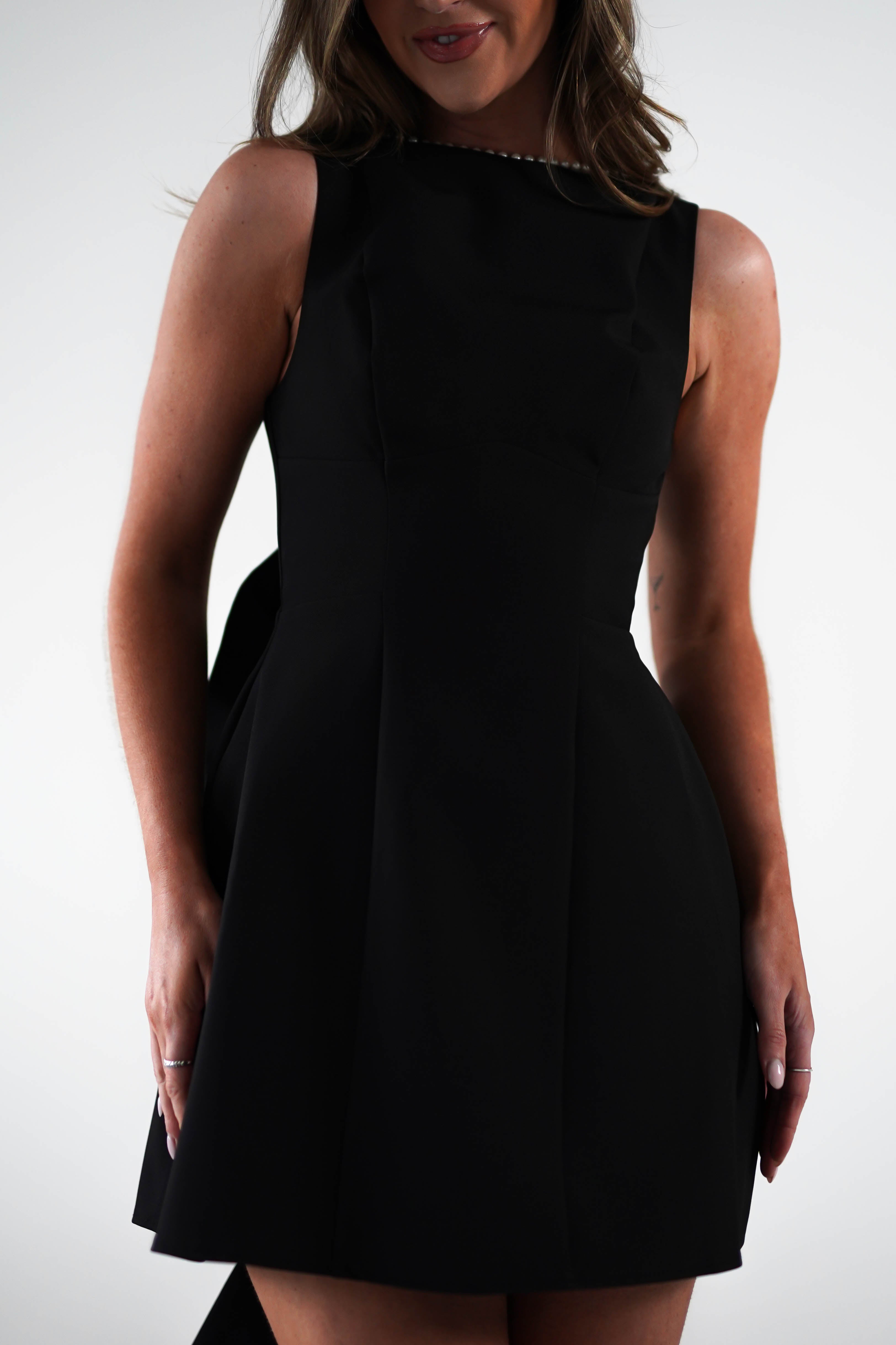 Maria Pearl Bow Detail Mini Dress Black | Wedding Guest Dress | Oh Hello Clothing