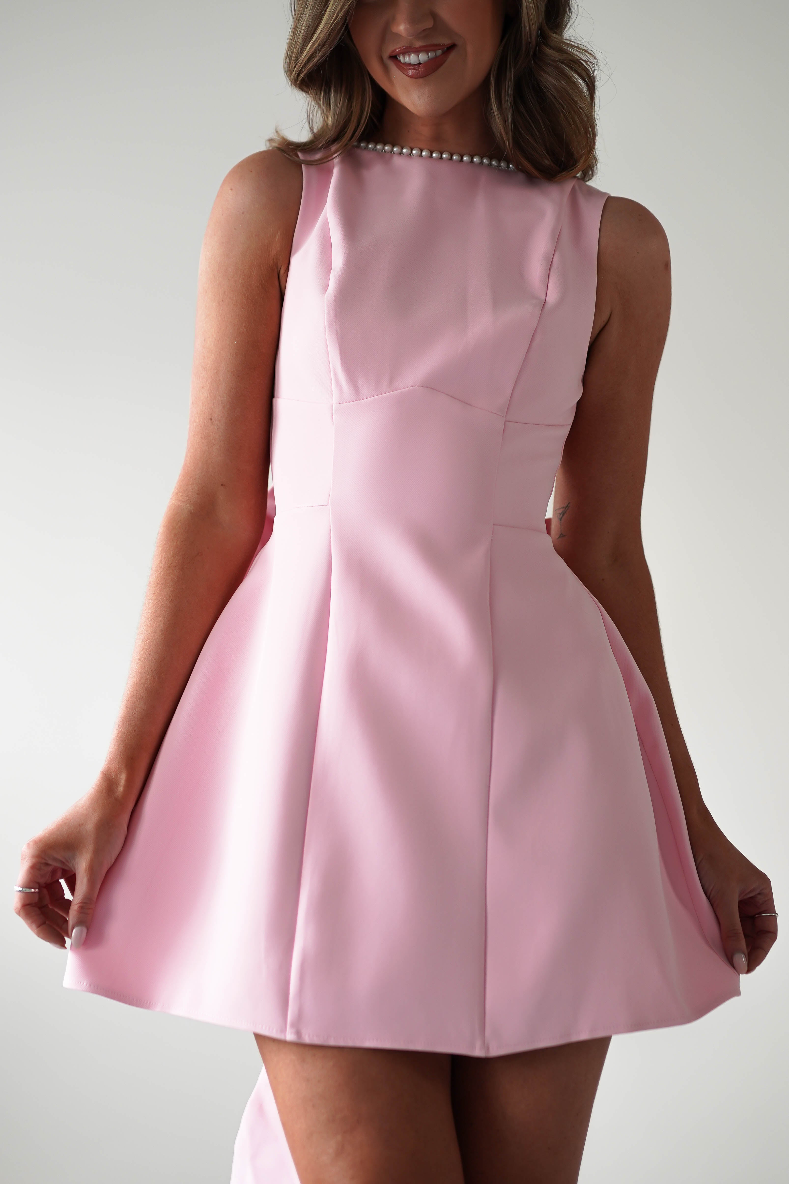 Maria Pearl Bow Detail Mini Dress Pink | Wedding Guest Dress | Oh Hello Clothing