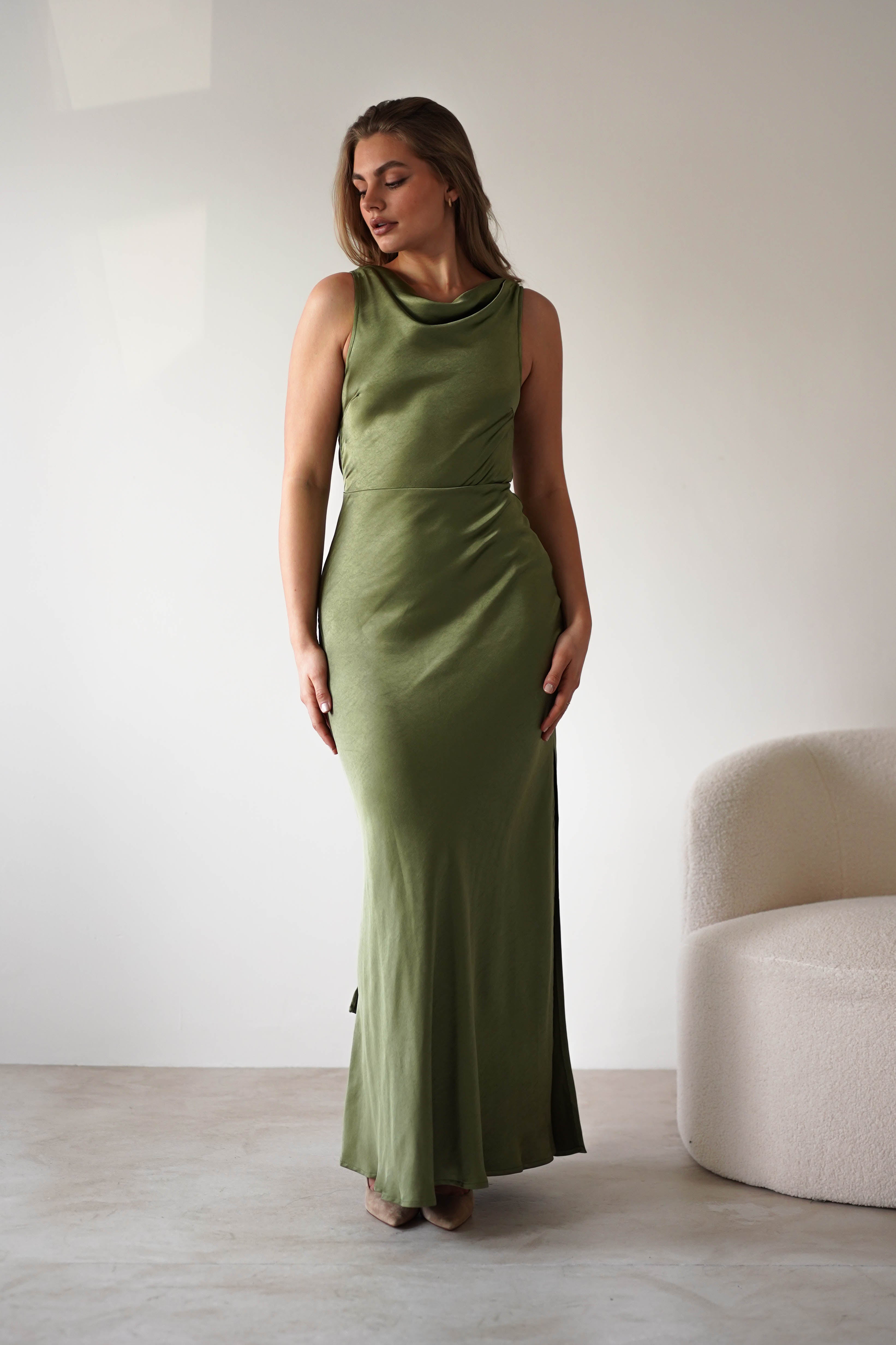 Darlee Tie Back Satin Maxi Dress Olive | Wedding Guest Dress | Maxi | Satin | Oh Hello Clothing