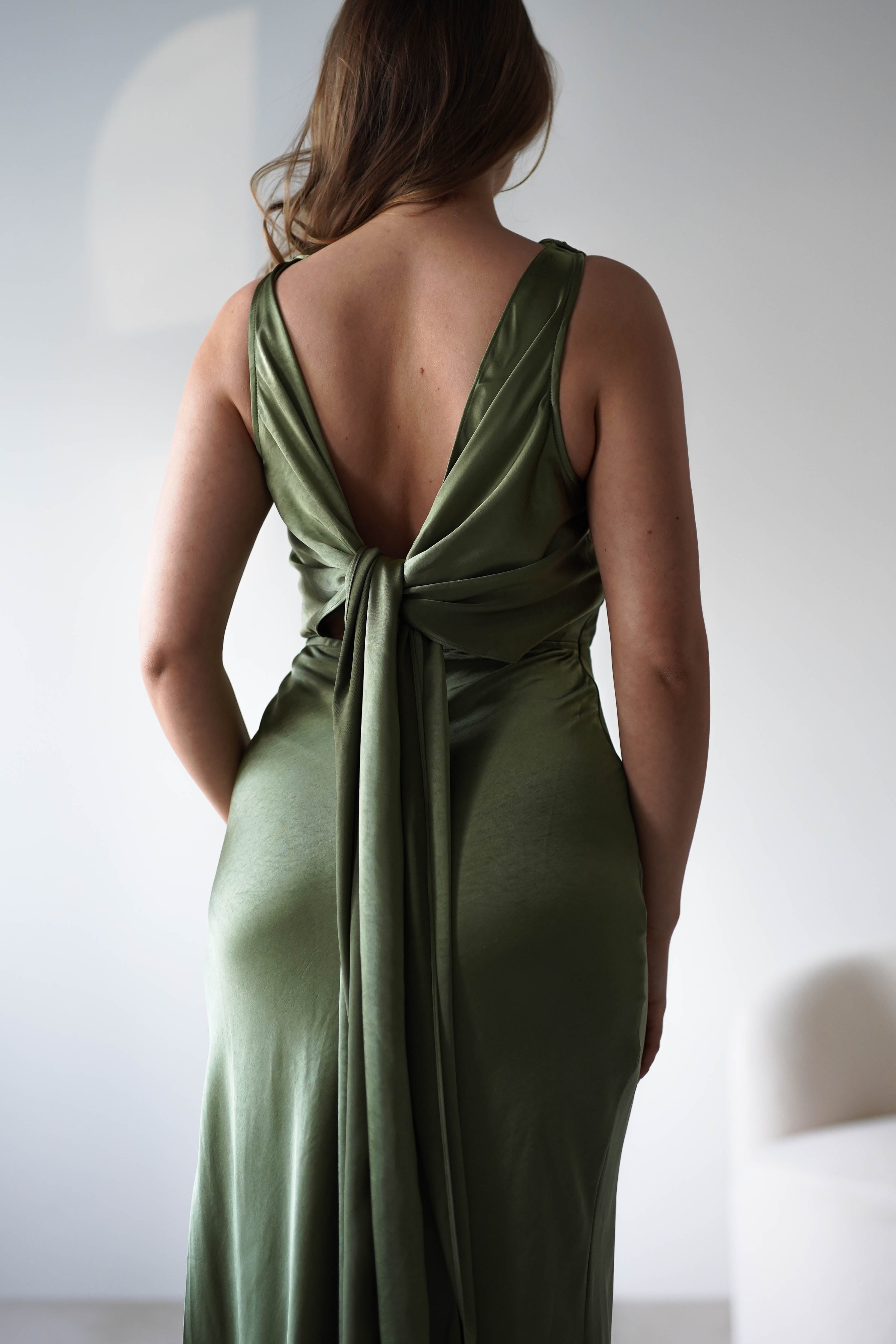 Darlee Tie Back Satin Maxi Dress Olive | Wedding Guest Dress | Maxi | Satin | Oh Hello Clothing