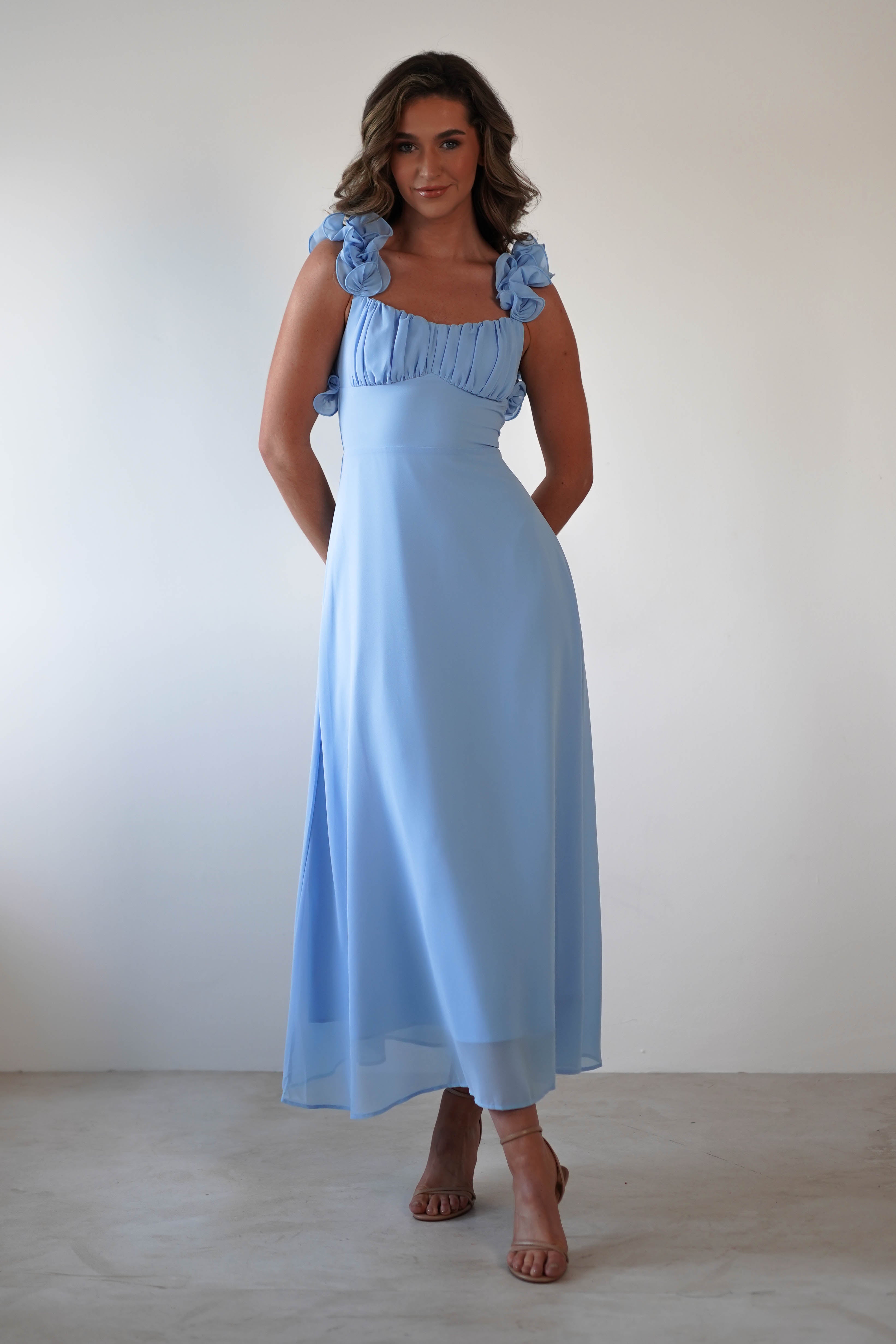 Sadie Ruffle Sleeve Maxi Dress Blue | Wedding Guest Dress | Maxi | Oh Hello Clothing