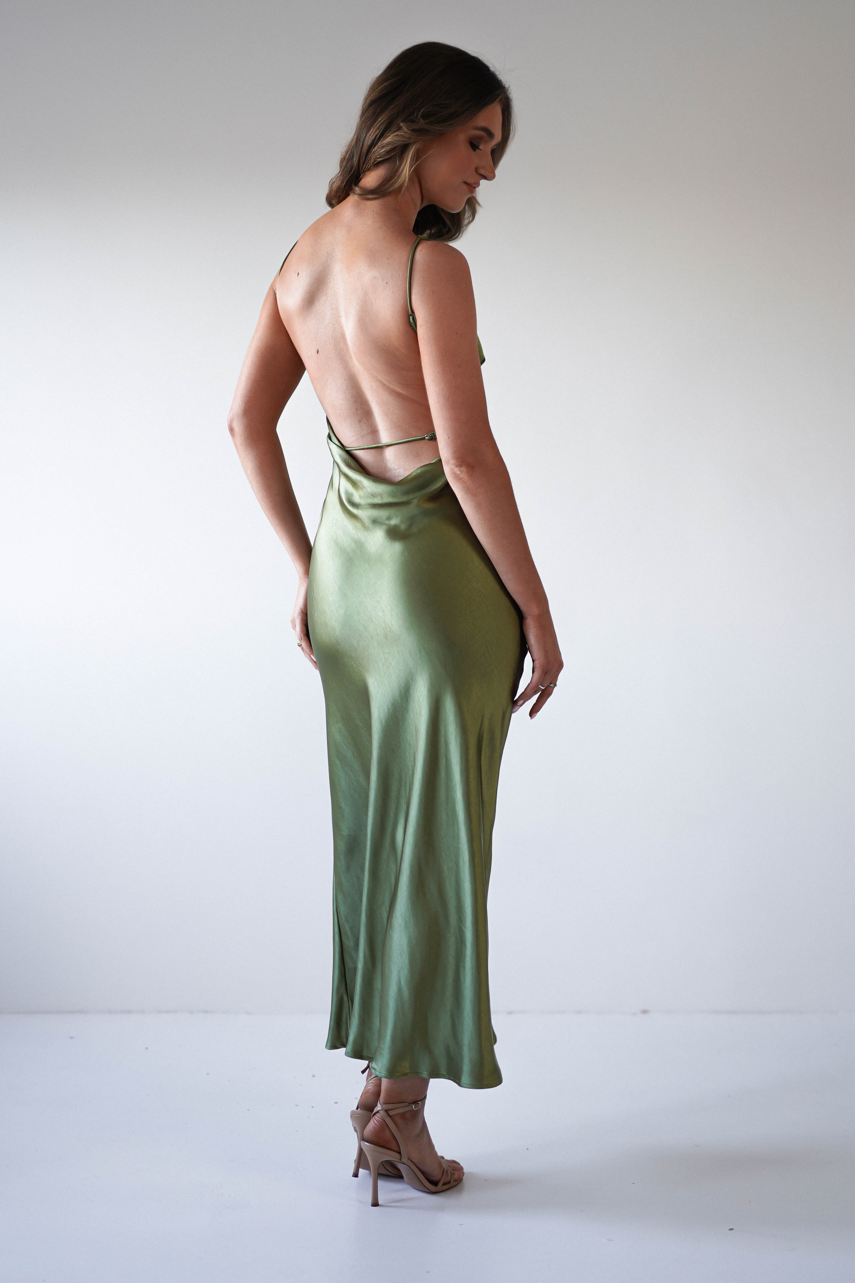Bayleigh Soft Satin Maxi Dress Olive | Wedding Guest Dress | Maxi | Satin | Oh Hello Clothing