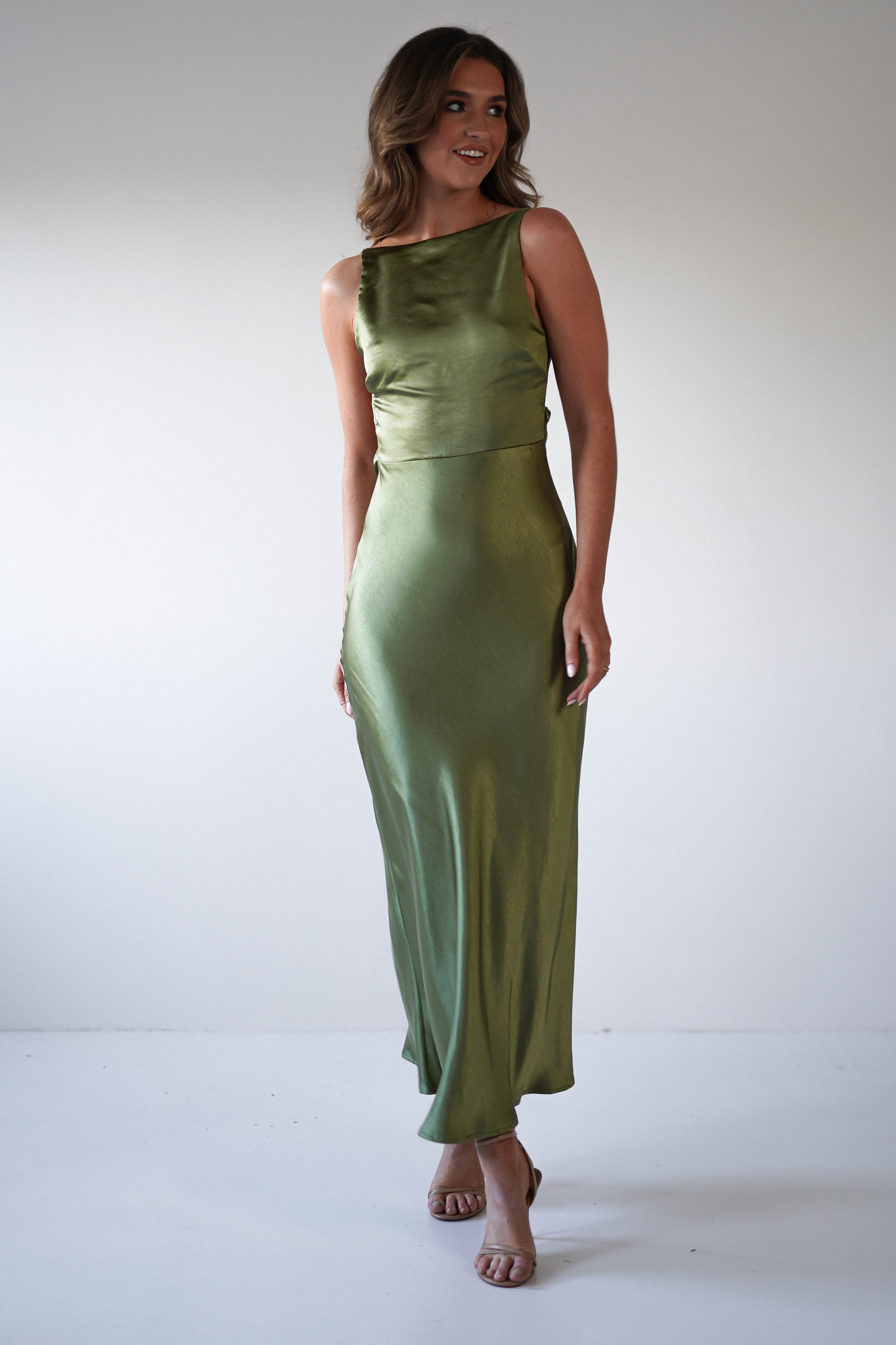 Bayleigh Soft Satin Maxi Dress Olive | Wedding Guest Dress | Maxi | Satin | Oh Hello Clothing