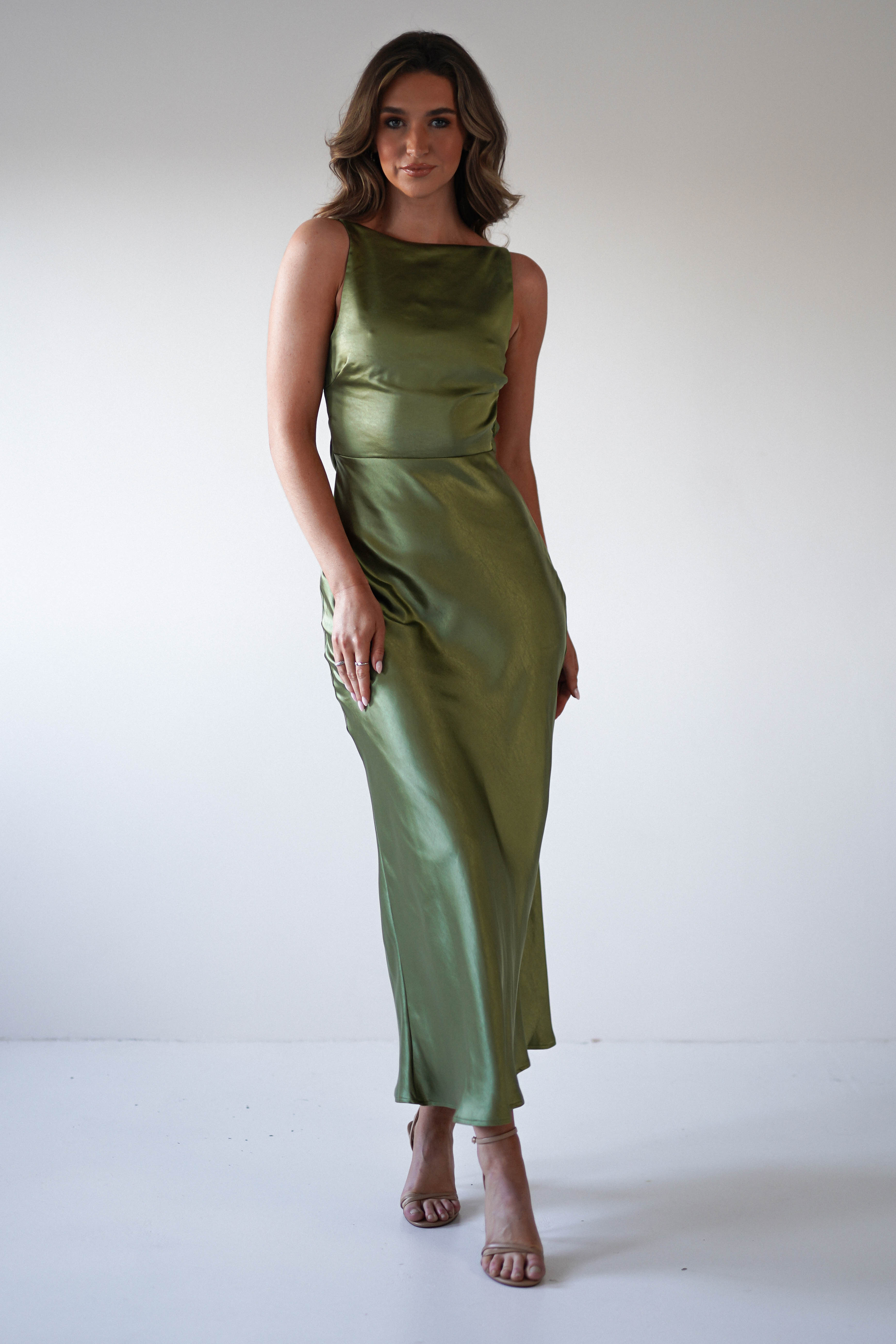 Bayleigh Soft Satin Maxi Dress Olive | Wedding Guest Dress | Maxi | Satin | Oh Hello Clothing