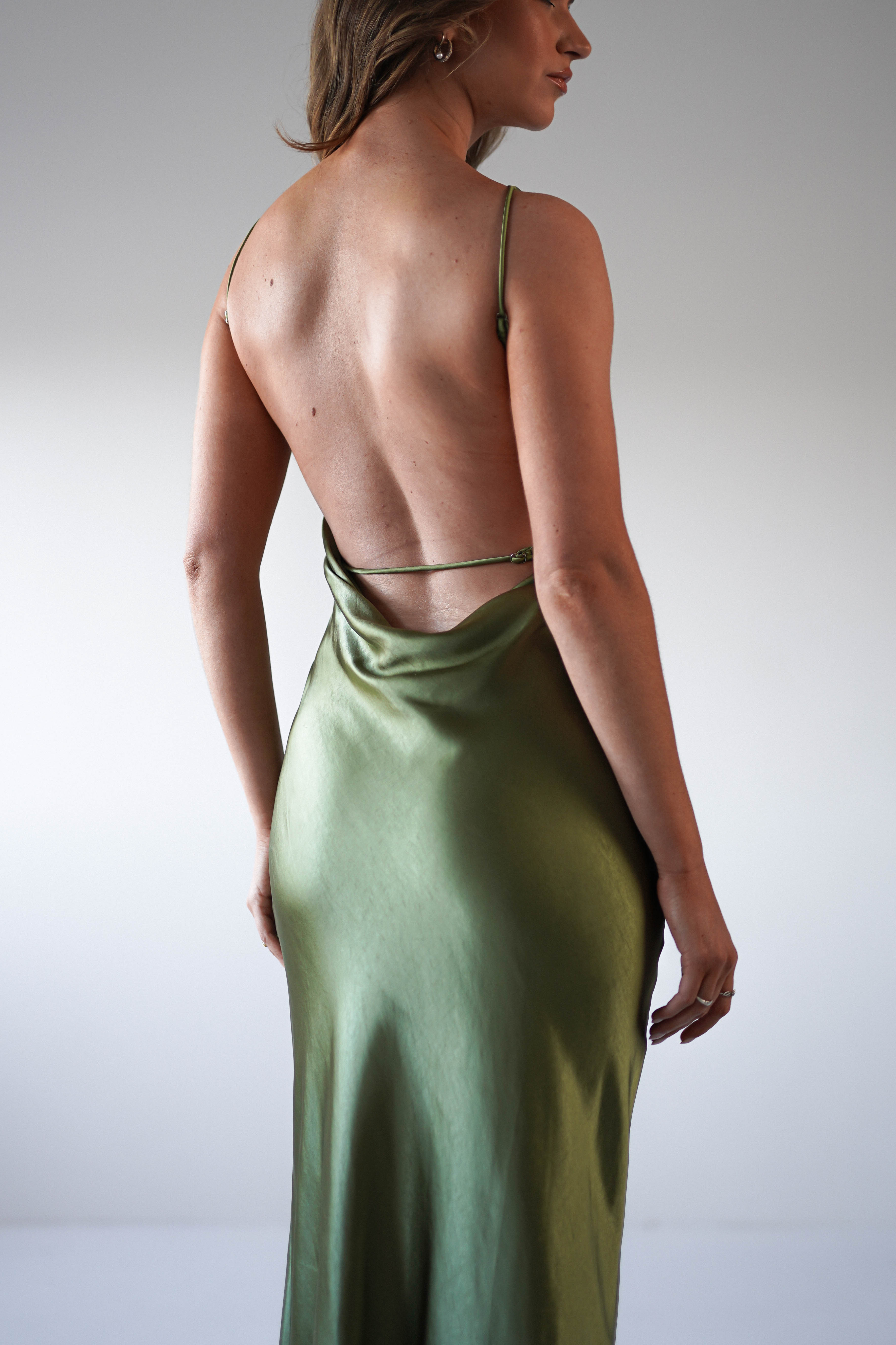 Bayleigh Soft Satin Maxi Dress Olive | Wedding Guest Dress | Maxi | Satin | Oh Hello Clothing