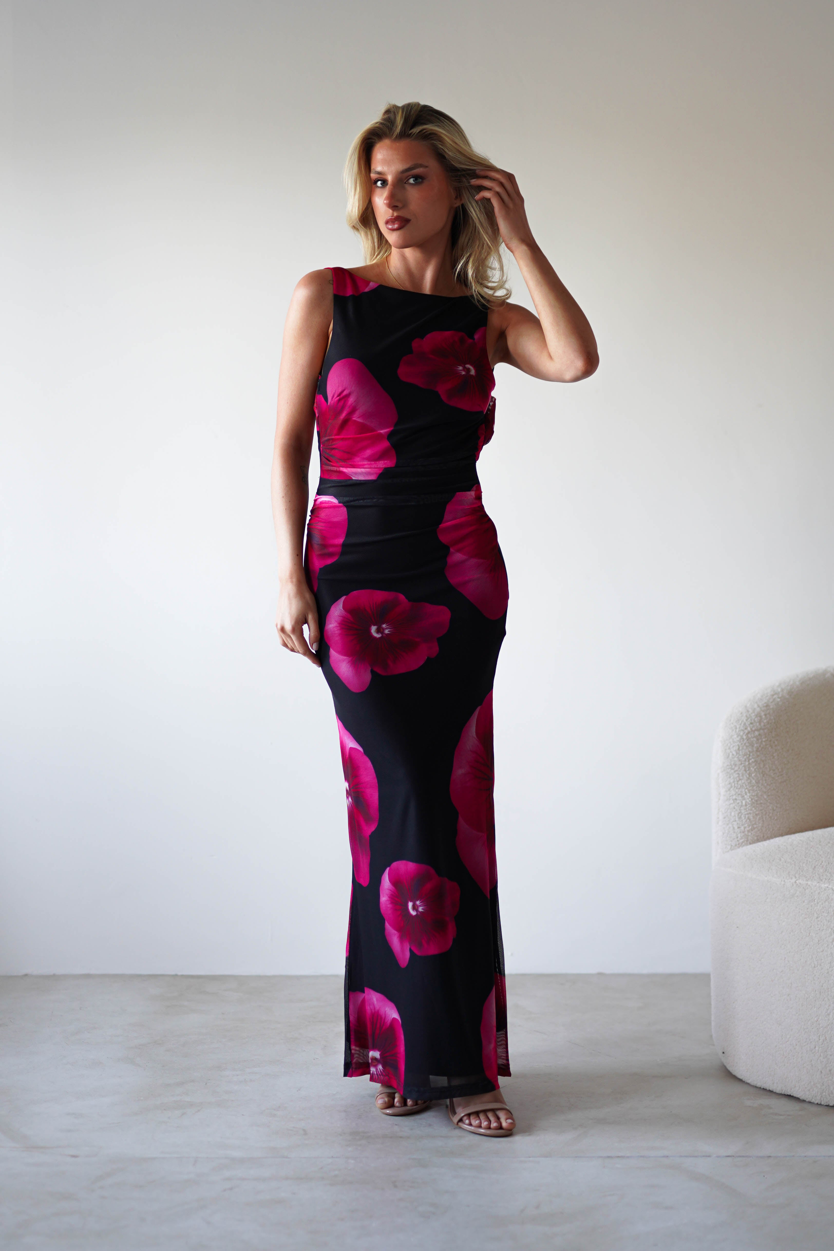 Nakita Mesh Floral Print Maxi Dress Black | Wedding Guest Dress | Maxi | Mesh | Oh Hello Clothing