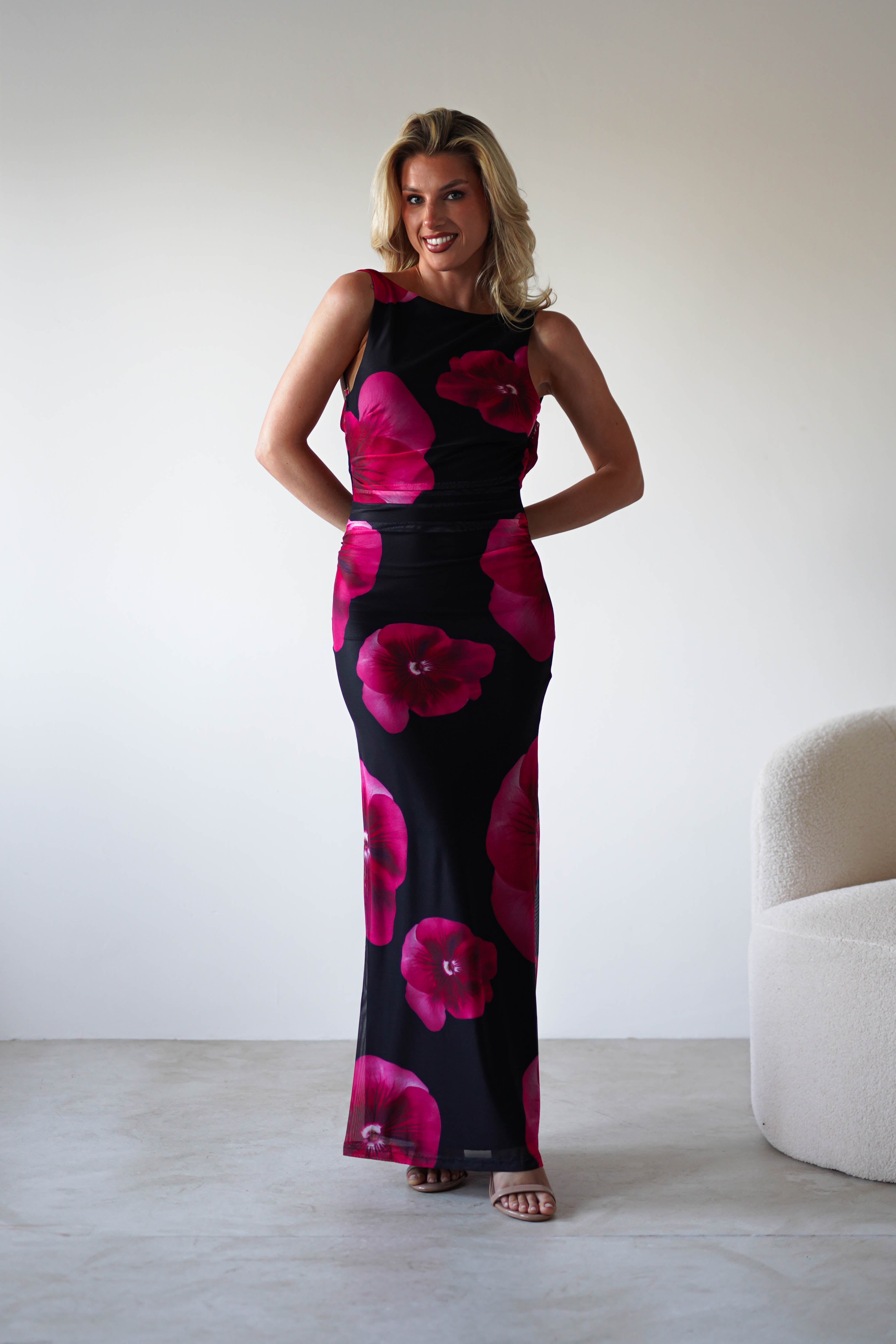 Nakita Mesh Floral Print Maxi Dress Black | Wedding Guest Dress | Maxi | Mesh | Oh Hello Clothing