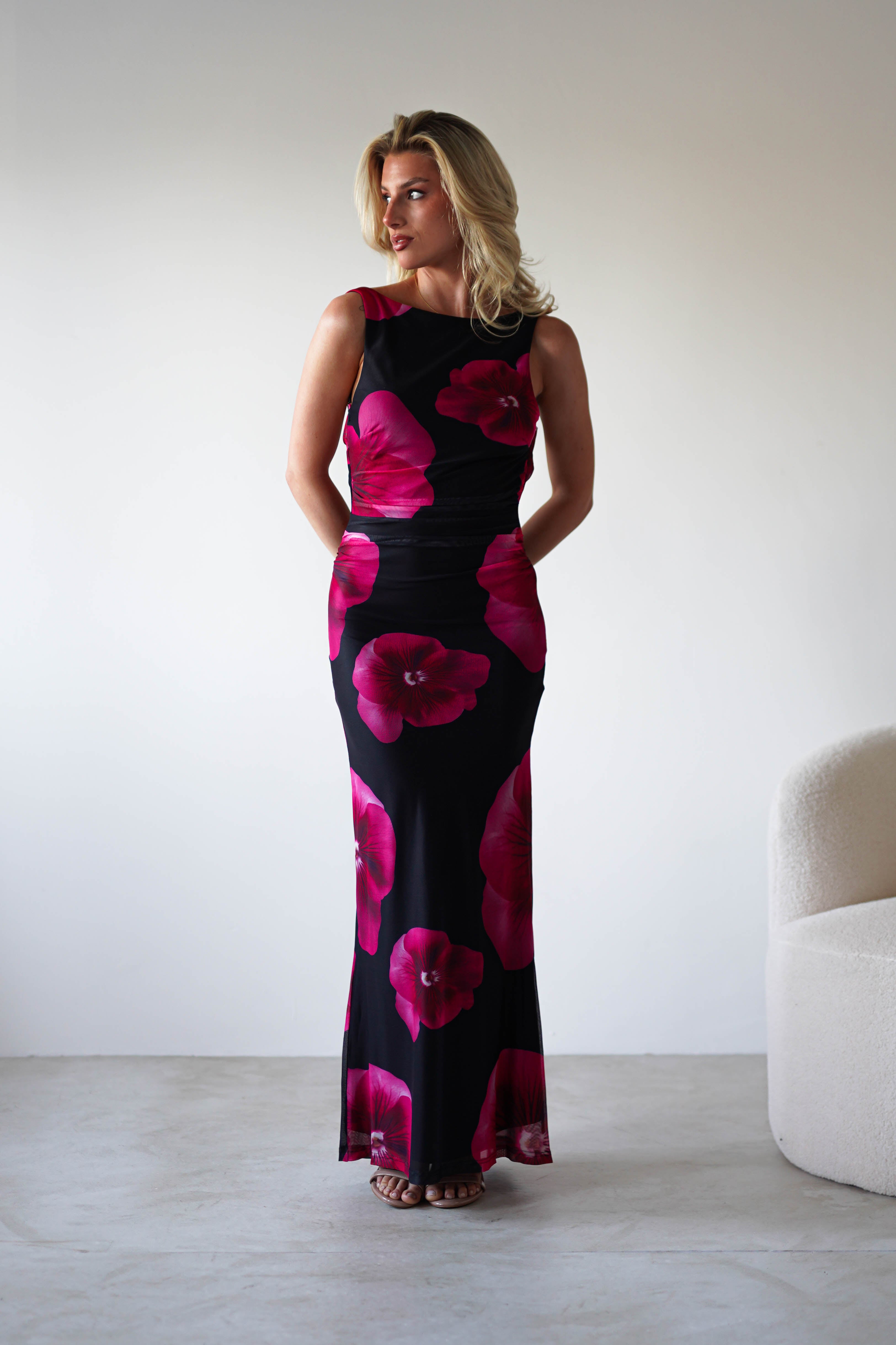Nakita Mesh Floral Print Maxi Dress Black | Wedding Guest Dress | Maxi | Mesh | Oh Hello Clothing