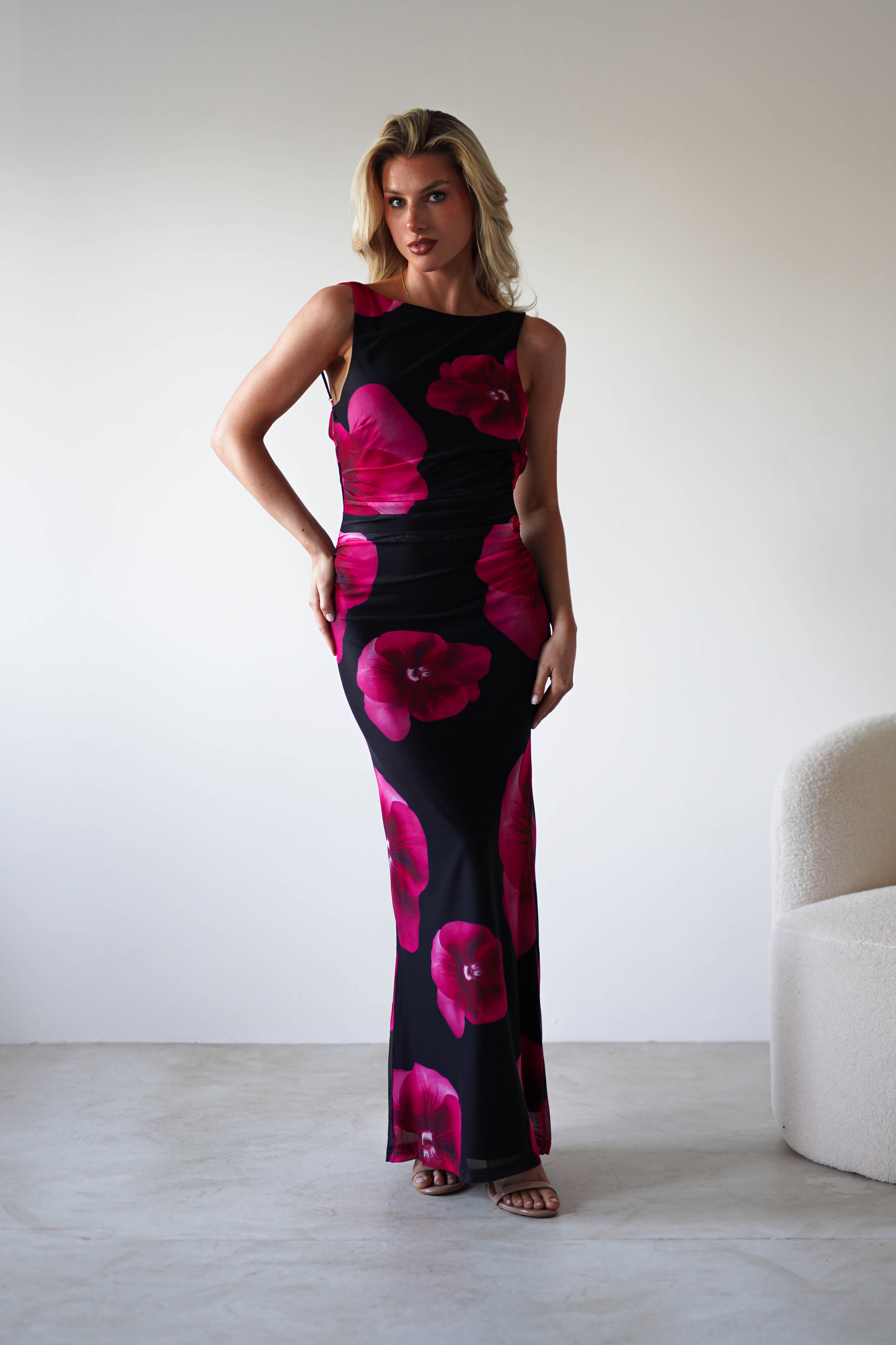 Nakita Mesh Floral Print Maxi Dress Black | Wedding Guest Dress | Maxi | Mesh | Oh Hello Clothing