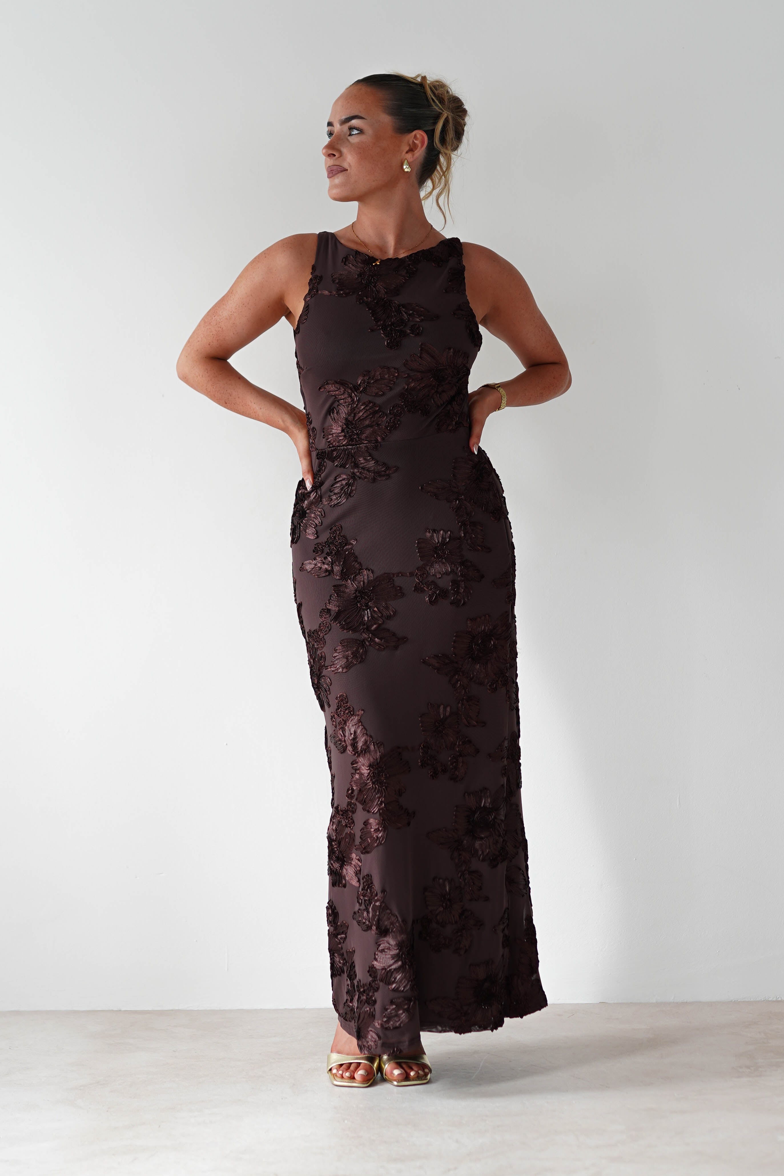 Demi Floral Textured Maxi Dress Brown | Wedding Guest Dress | Maxi | Oh Hello Clothing