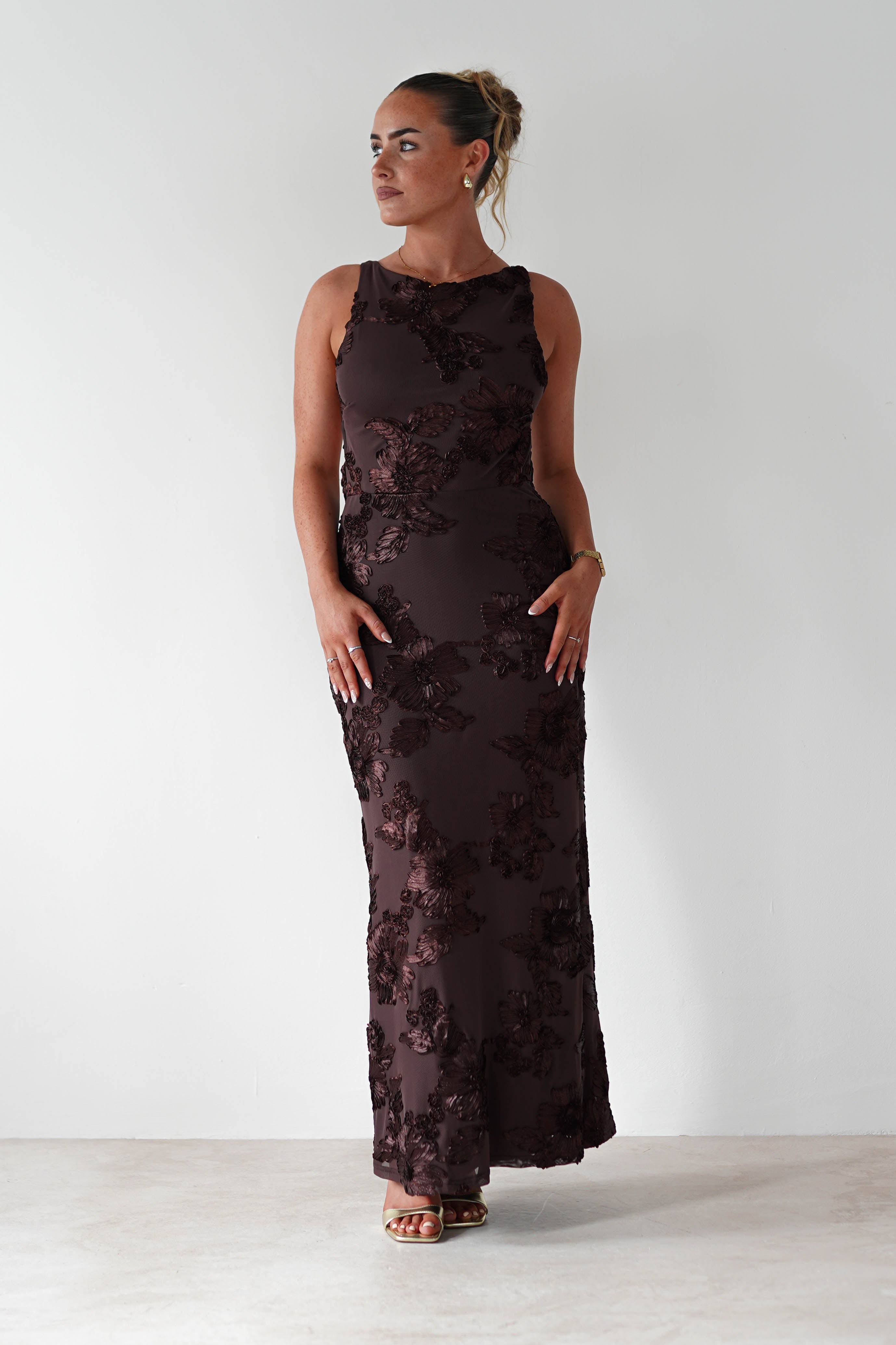Demi Floral Textured Maxi Dress Brown | Wedding Guest Dress | Maxi | Oh Hello Clothing