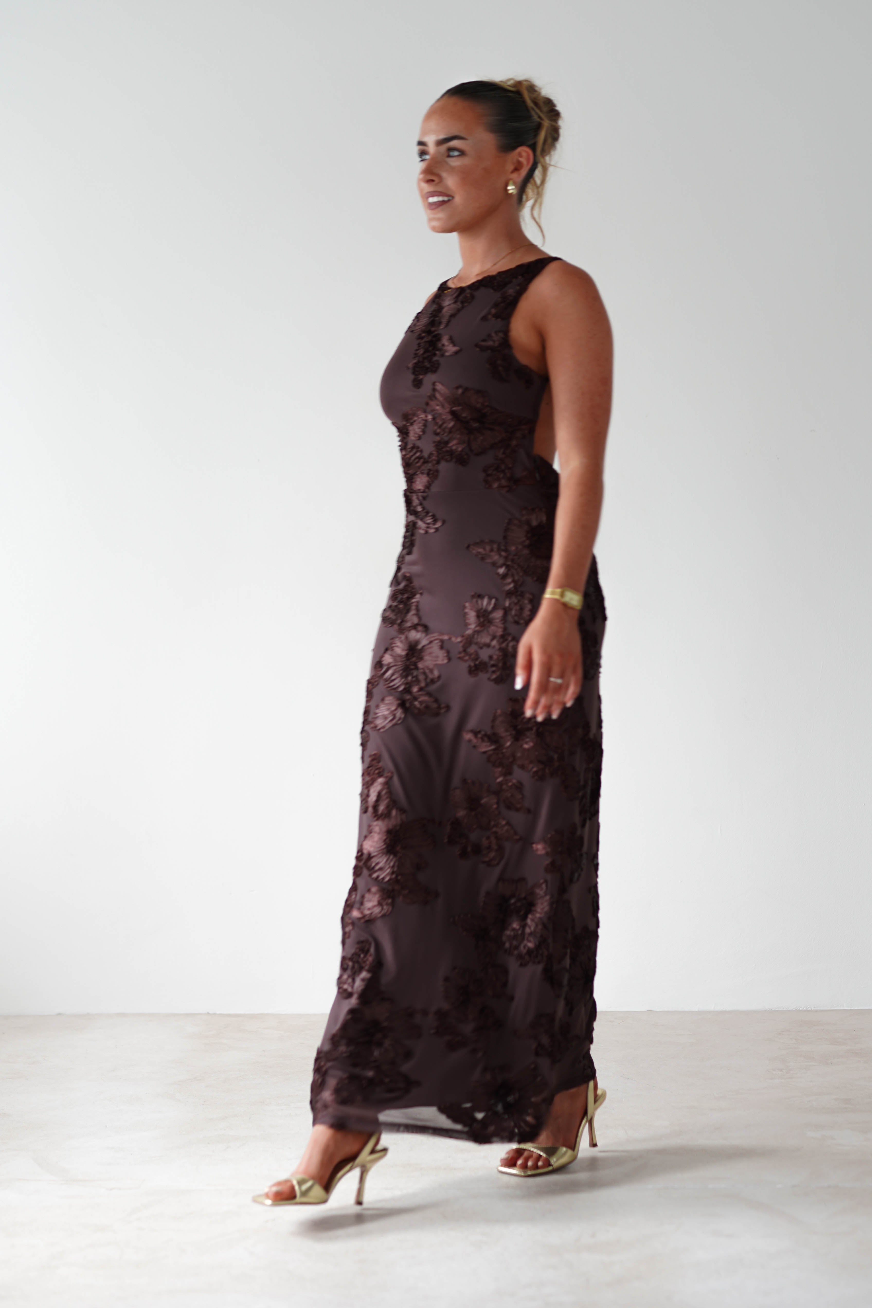 Demi Floral Textured Maxi Dress Brown | Wedding Guest Dress | Maxi | Oh Hello Clothing