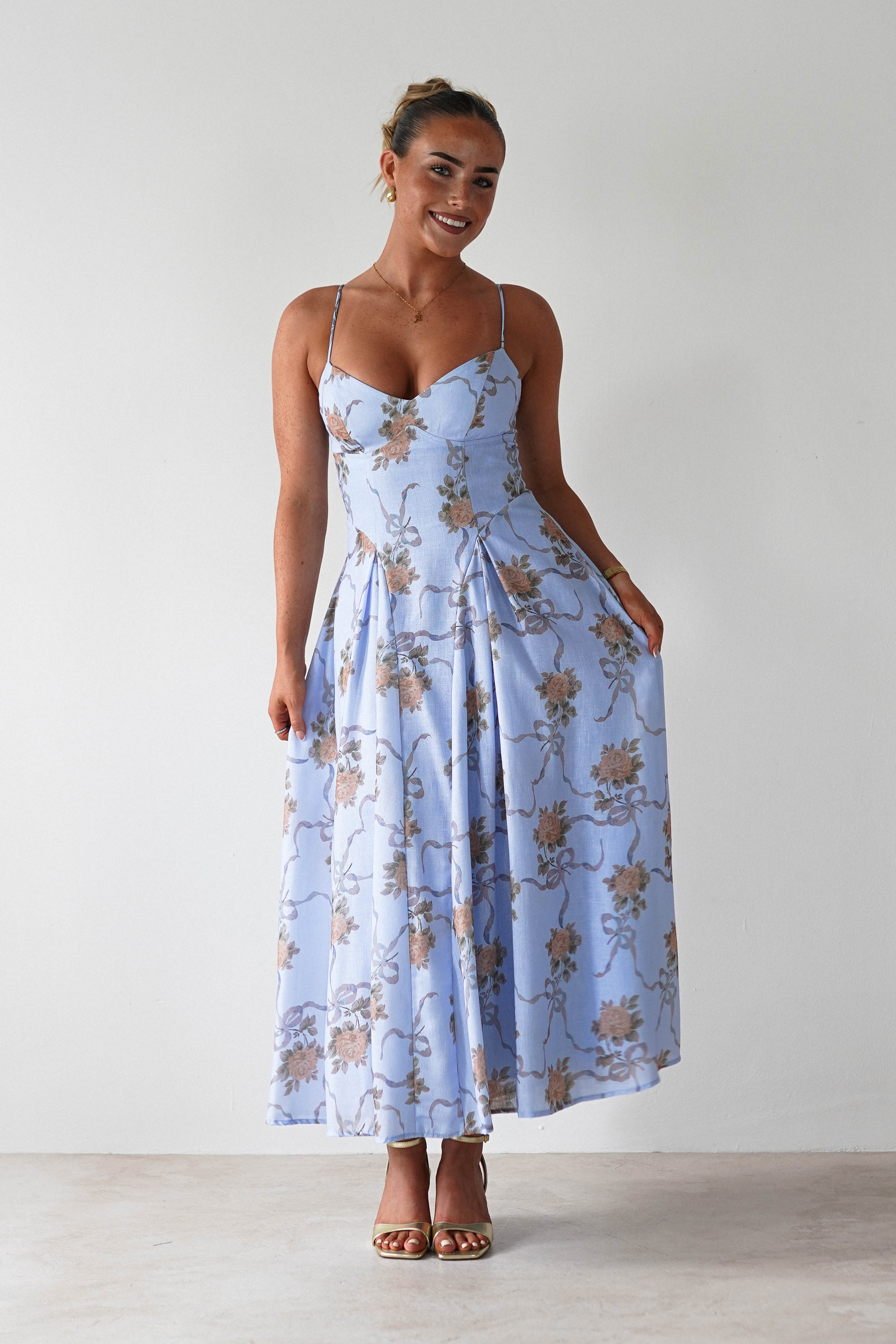 Tessa Floral Print Skater Midaxi Dress Blue | Wedding Guest Dress | Skater | Oh Hello Clothing