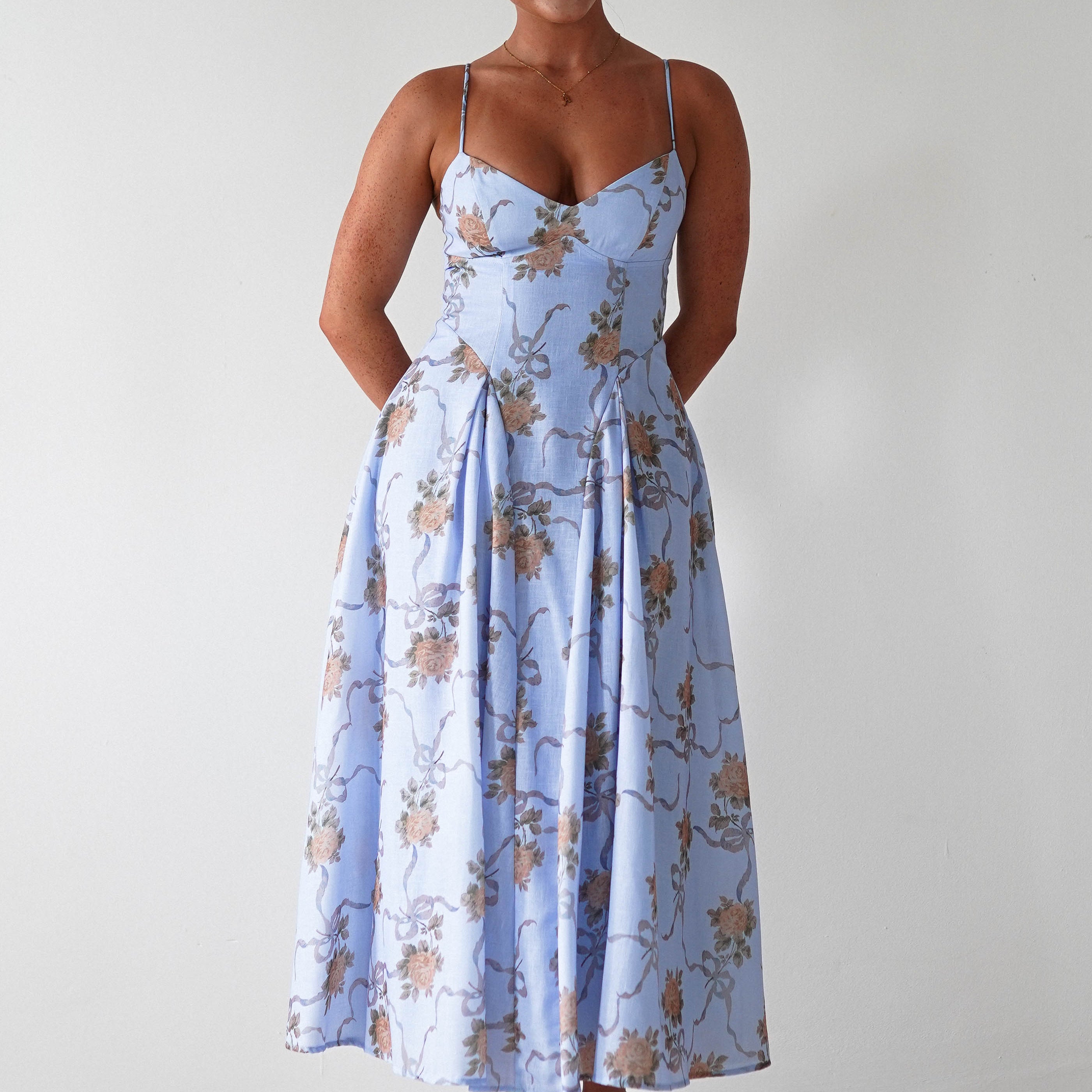 Tessa Floral Print Skater Midaxi Dress Blue | Wedding Guest Dress | Skater | Oh Hello Clothing
