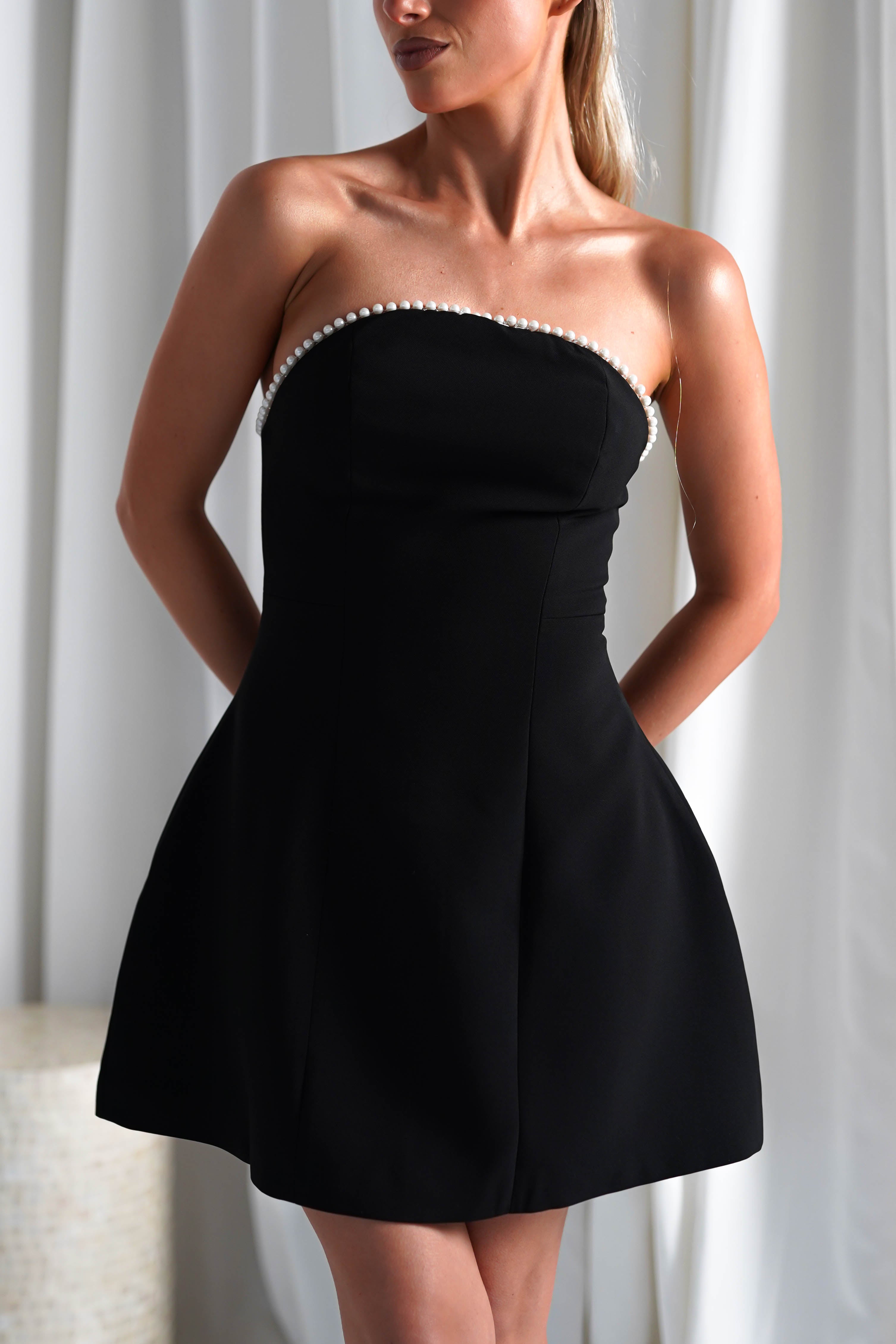 Bettie Pearl Trim Detail Mini Dress Black | Wedding Guest Dress | Oh Hello Clothing