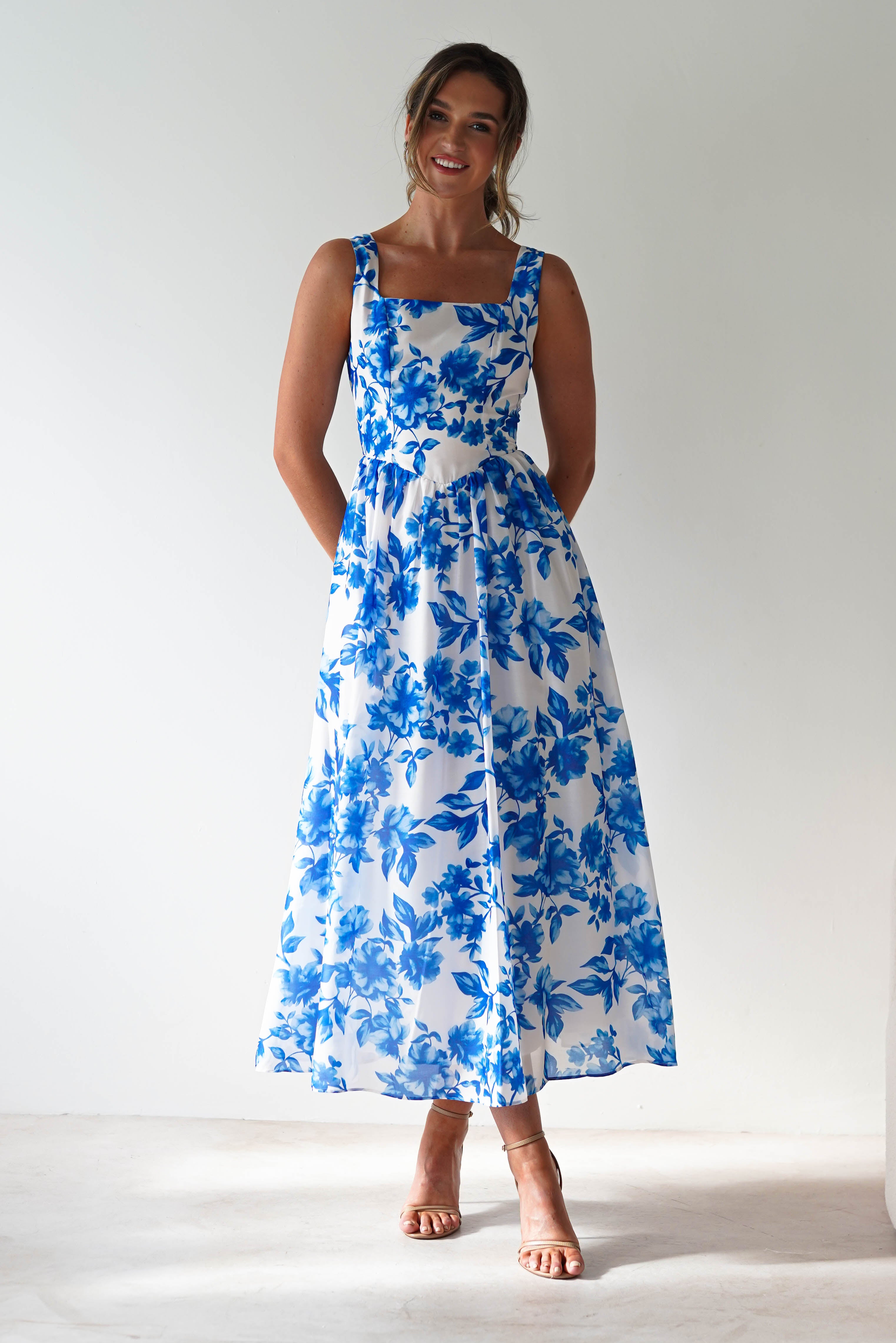 Maisie Floral Skater Maxi Dress Blue | Wedding Guest Dress | Maxi | Skater | Oh Hello Clothing