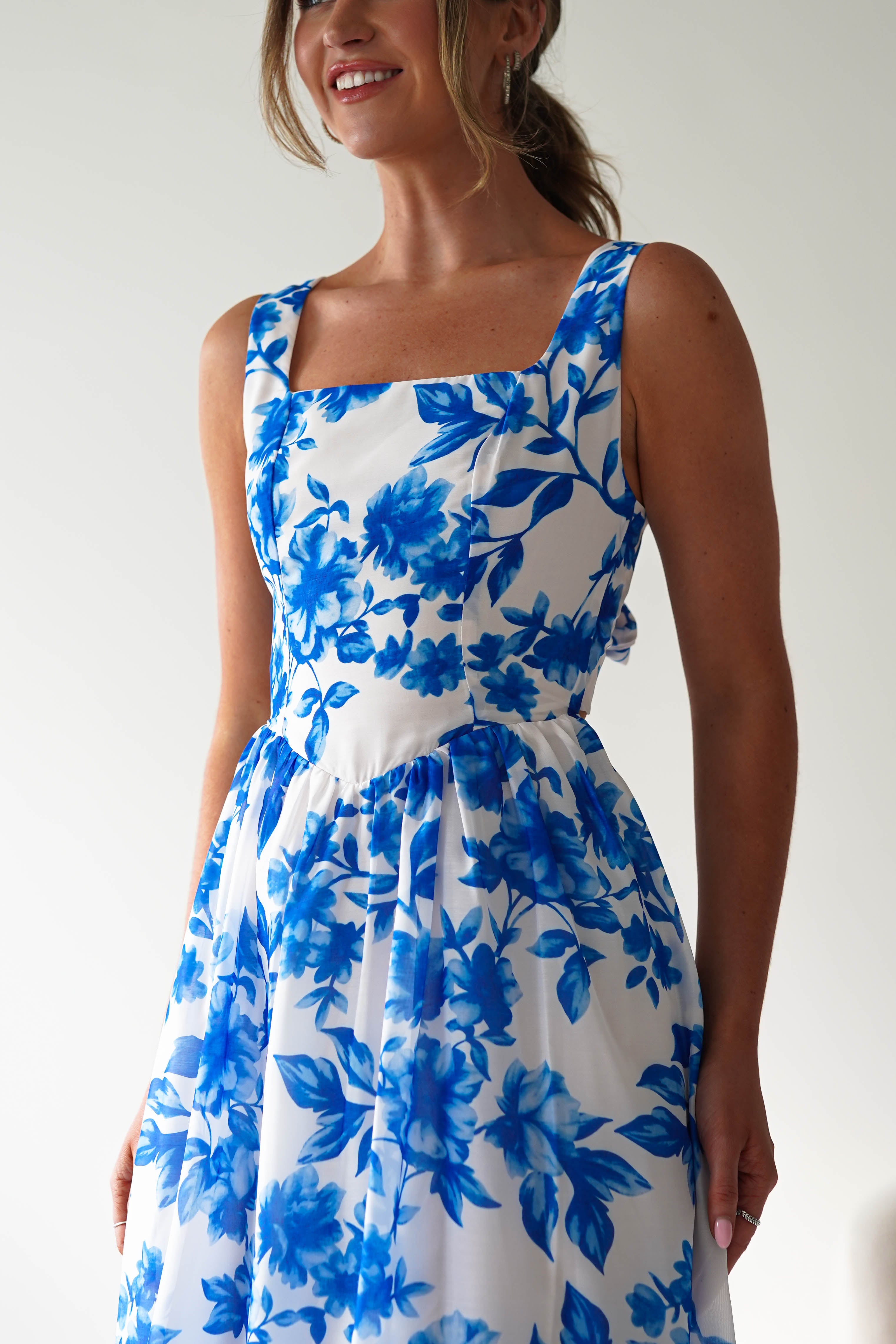 Maisie Floral Skater Maxi Dress Blue | Wedding Guest Dress | Maxi | Skater | Oh Hello Clothing
