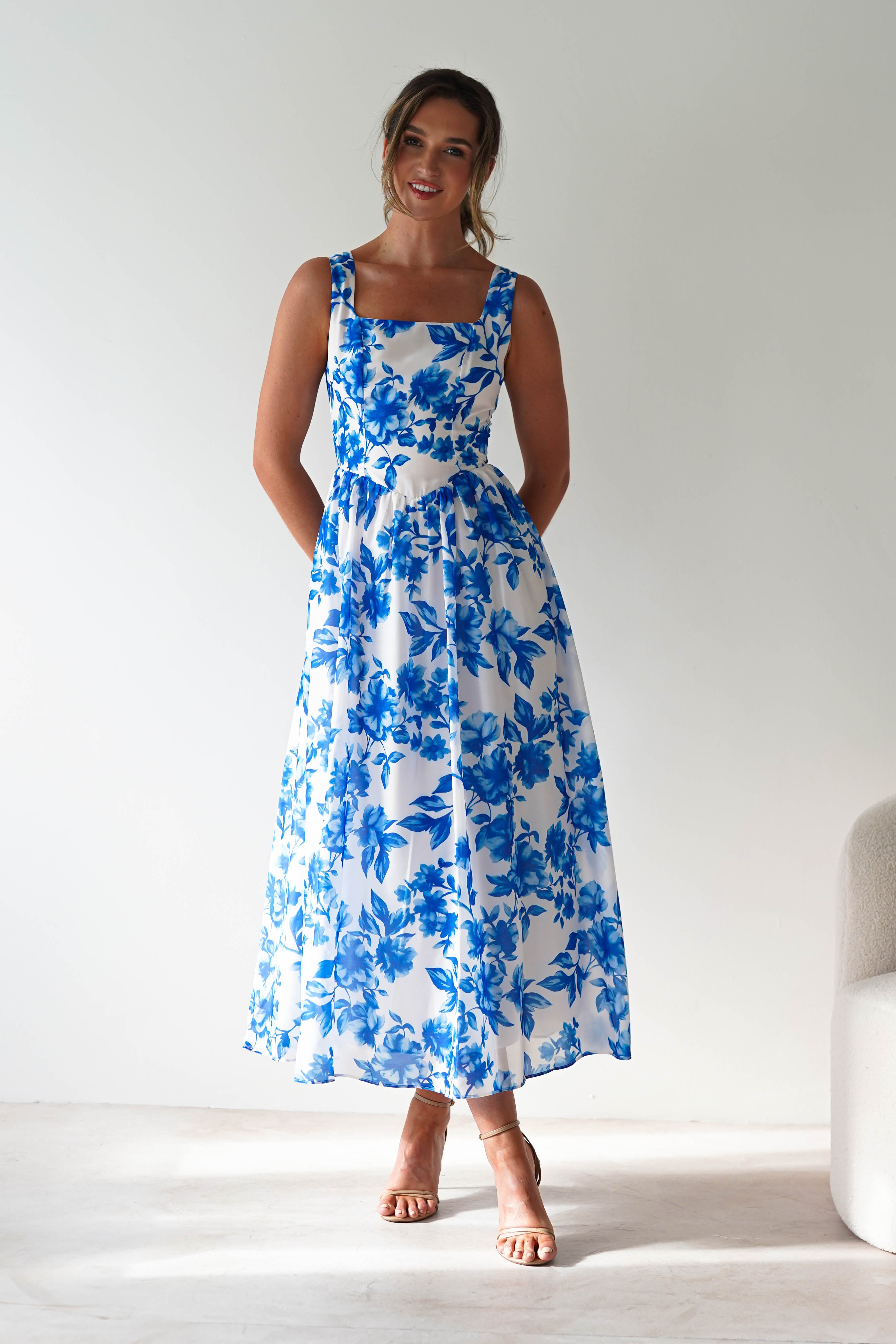 Maisie Floral Skater Maxi Dress Blue | Wedding Guest Dress | Maxi | Skater | Oh Hello Clothing