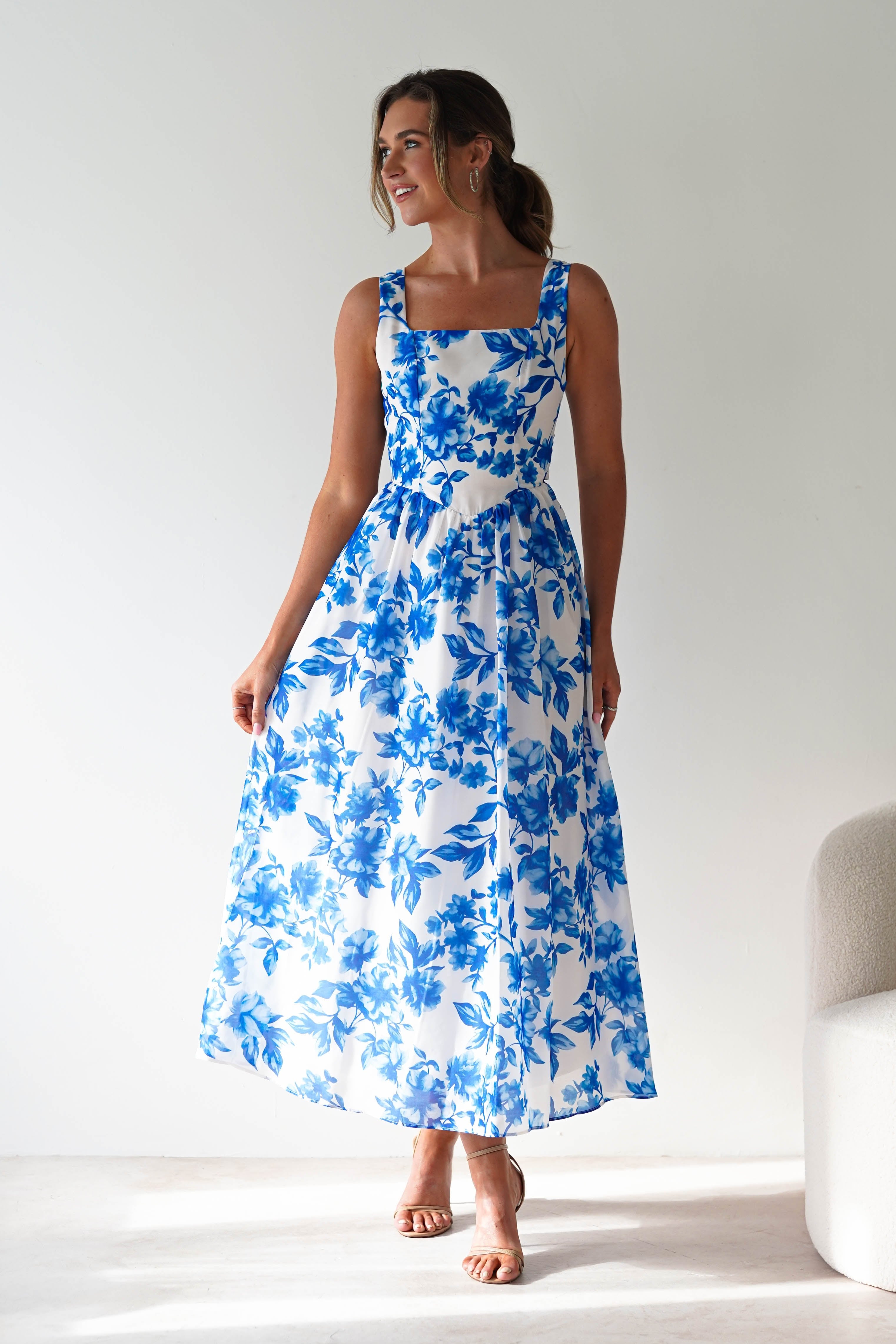 Maisie Floral Skater Maxi Dress Blue | Wedding Guest Dress | Maxi | Skater | Oh Hello Clothing