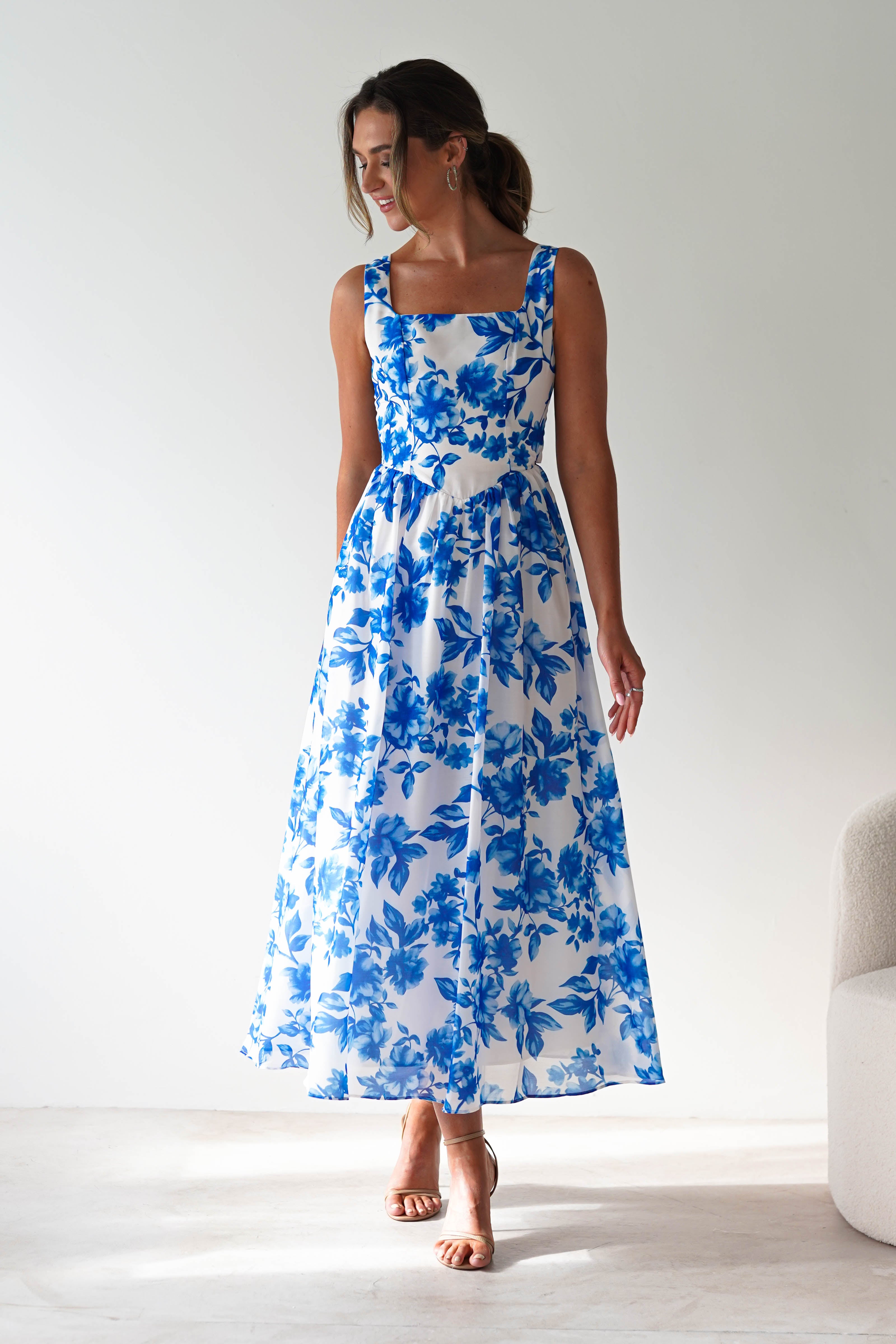 Maisie Floral Skater Maxi Dress Blue | Wedding Guest Dress | Maxi | Skater | Oh Hello Clothing