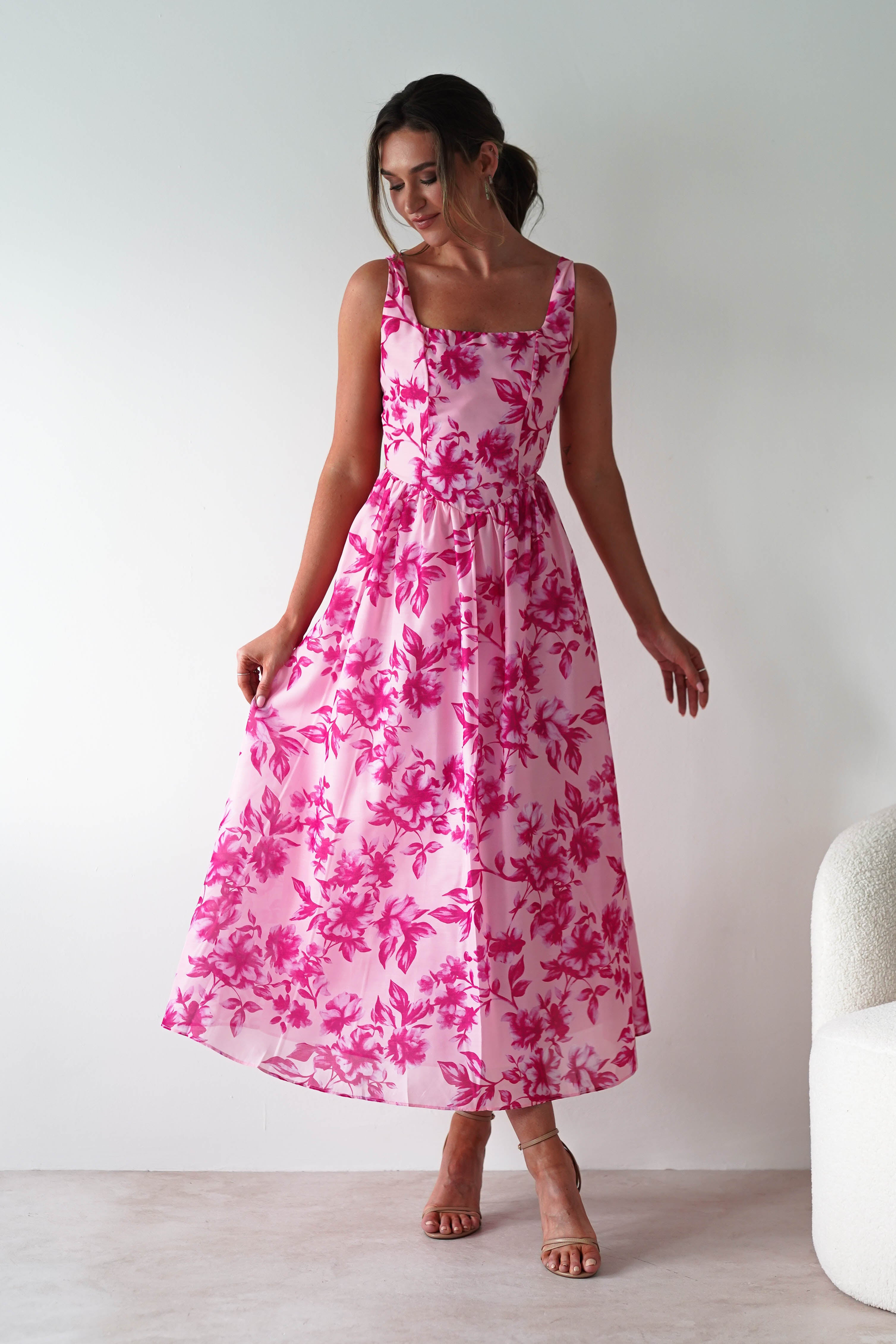 Maisie Floral Skater Maxi Dress Pink | Wedding Guest Dress | Maxi | Skater | Oh Hello Clothing