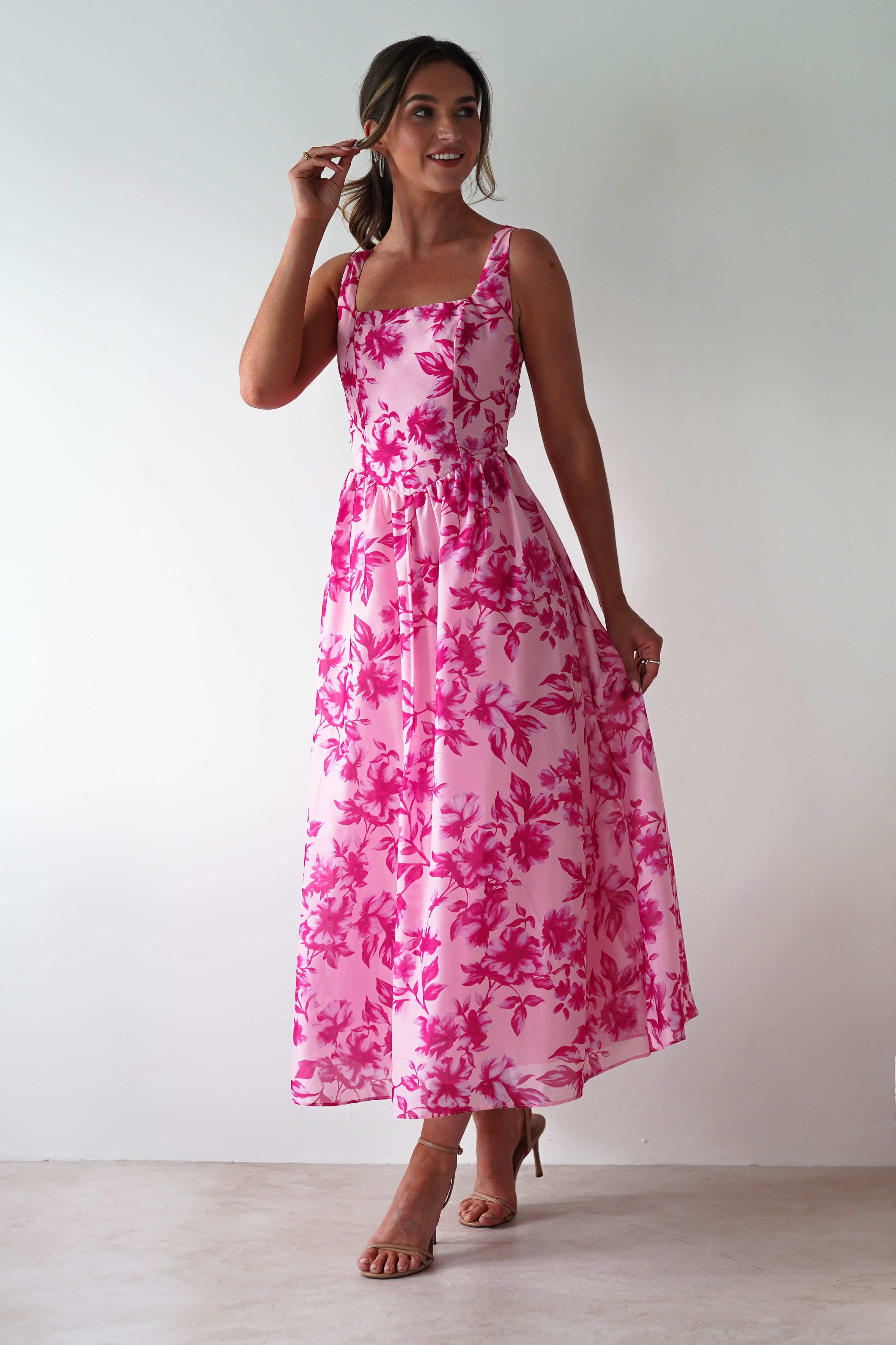 Maisie Floral Skater Maxi Dress Pink | Wedding Guest Dress | Maxi | Skater | Oh Hello Clothing