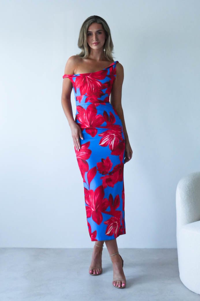 Elliot Floral Print Midi Dress Blue/Red | Wedding Guest Dress | Midi | Oh Hello Clothing