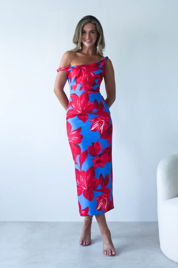 Elliot Floral Print Midi Dress Blue/Red | Wedding Guest Dress | Midi | Oh Hello Clothing