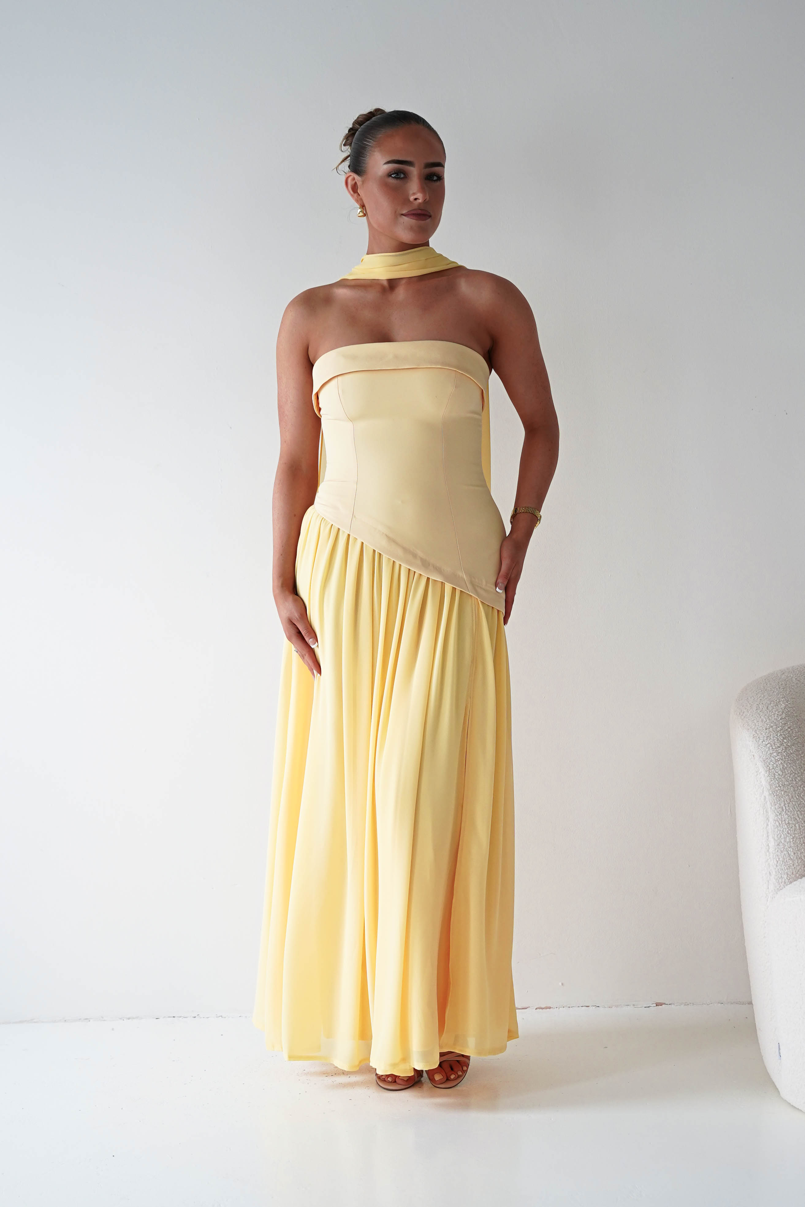 Oh Hello Clothing Women > Clothing > Dresses 1*DONE-64852J02- Butter Yellow Draped Strapless Maxi Dress with Scarf