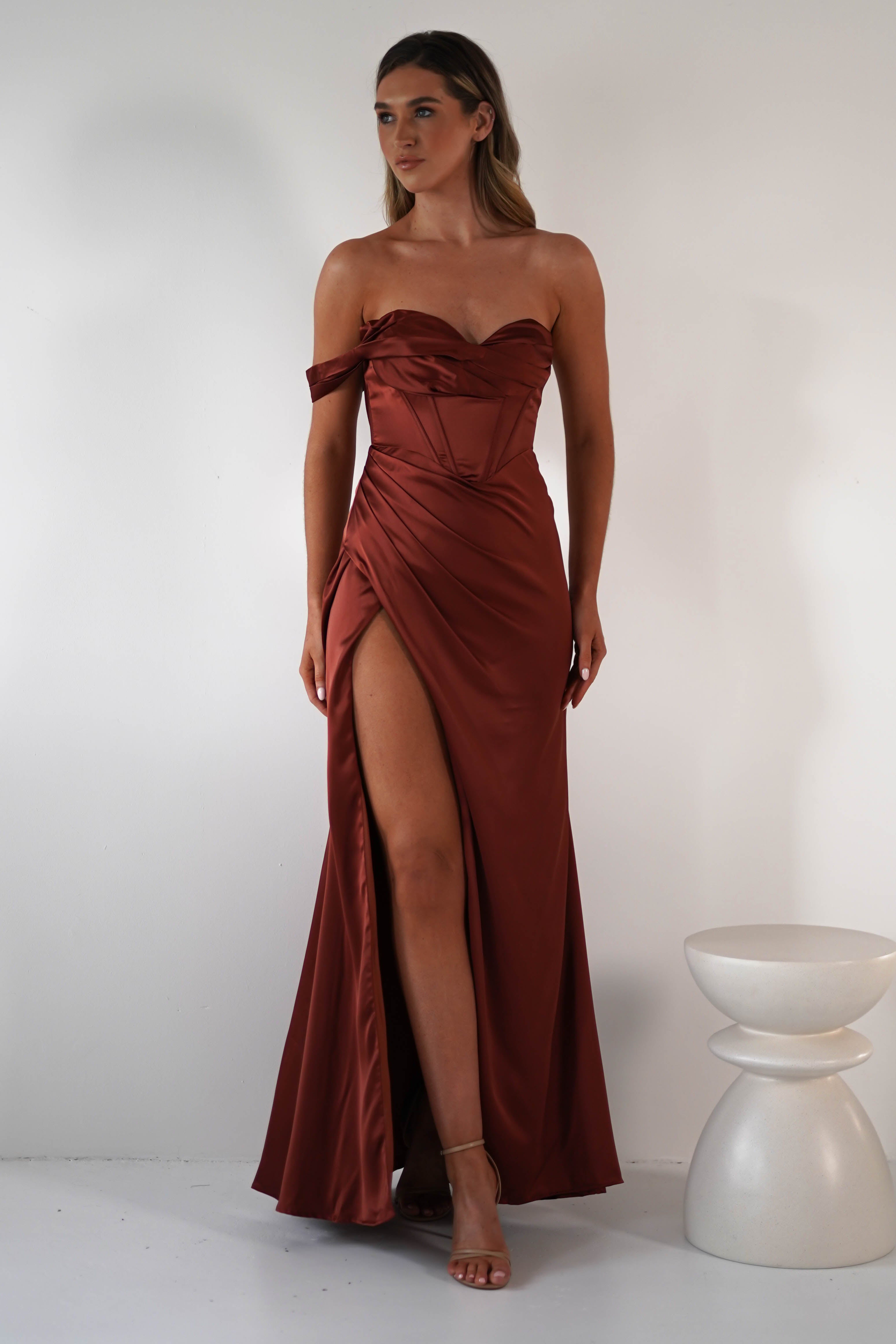 Nicolette Soft Satin Maxi Gown | Rust | Debs & Prom | Formal Gown | Oh Hello Clothing