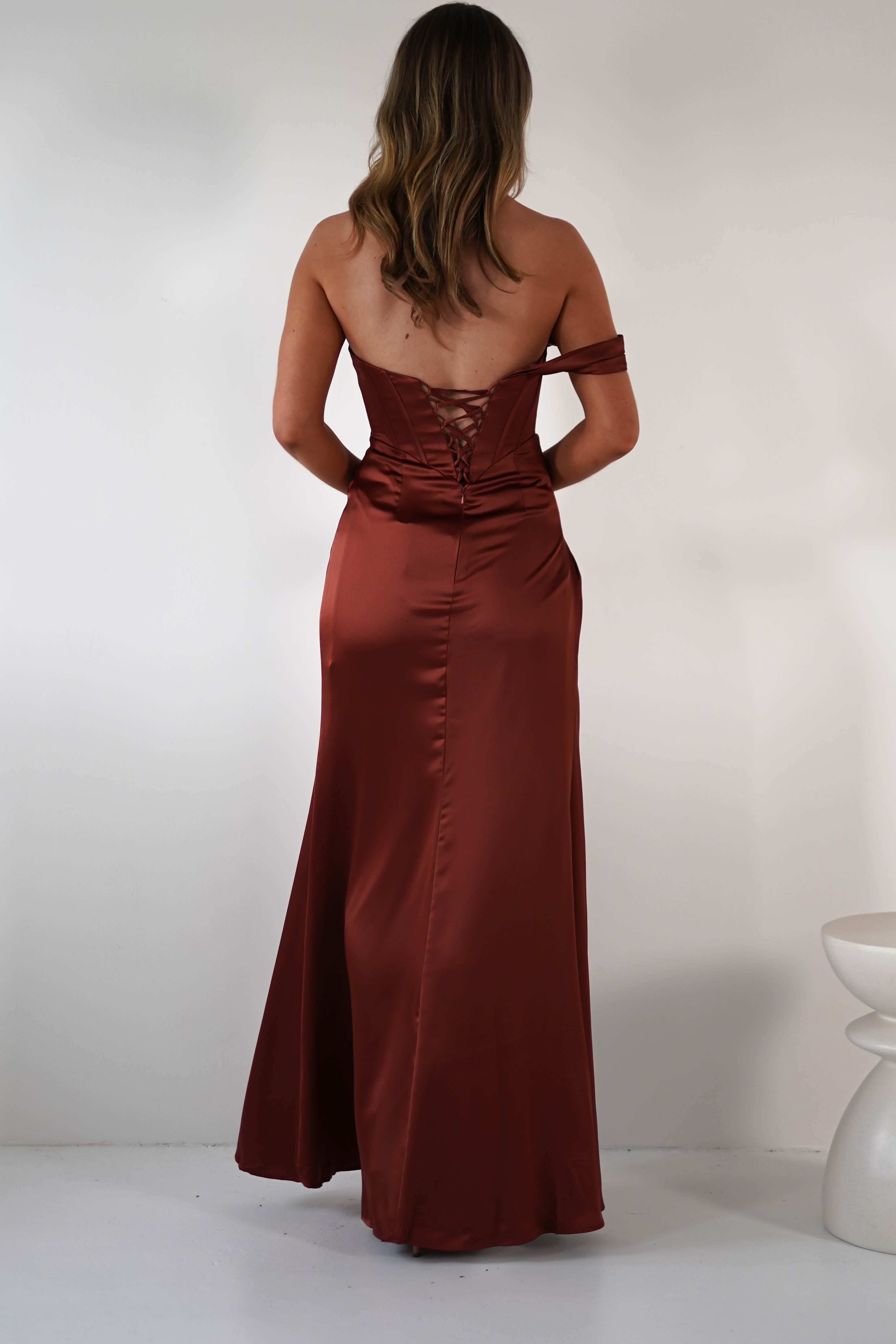 Nicolette Soft Satin Maxi Gown | Rust | Debs & Prom | Formal Gown | Oh Hello Clothing