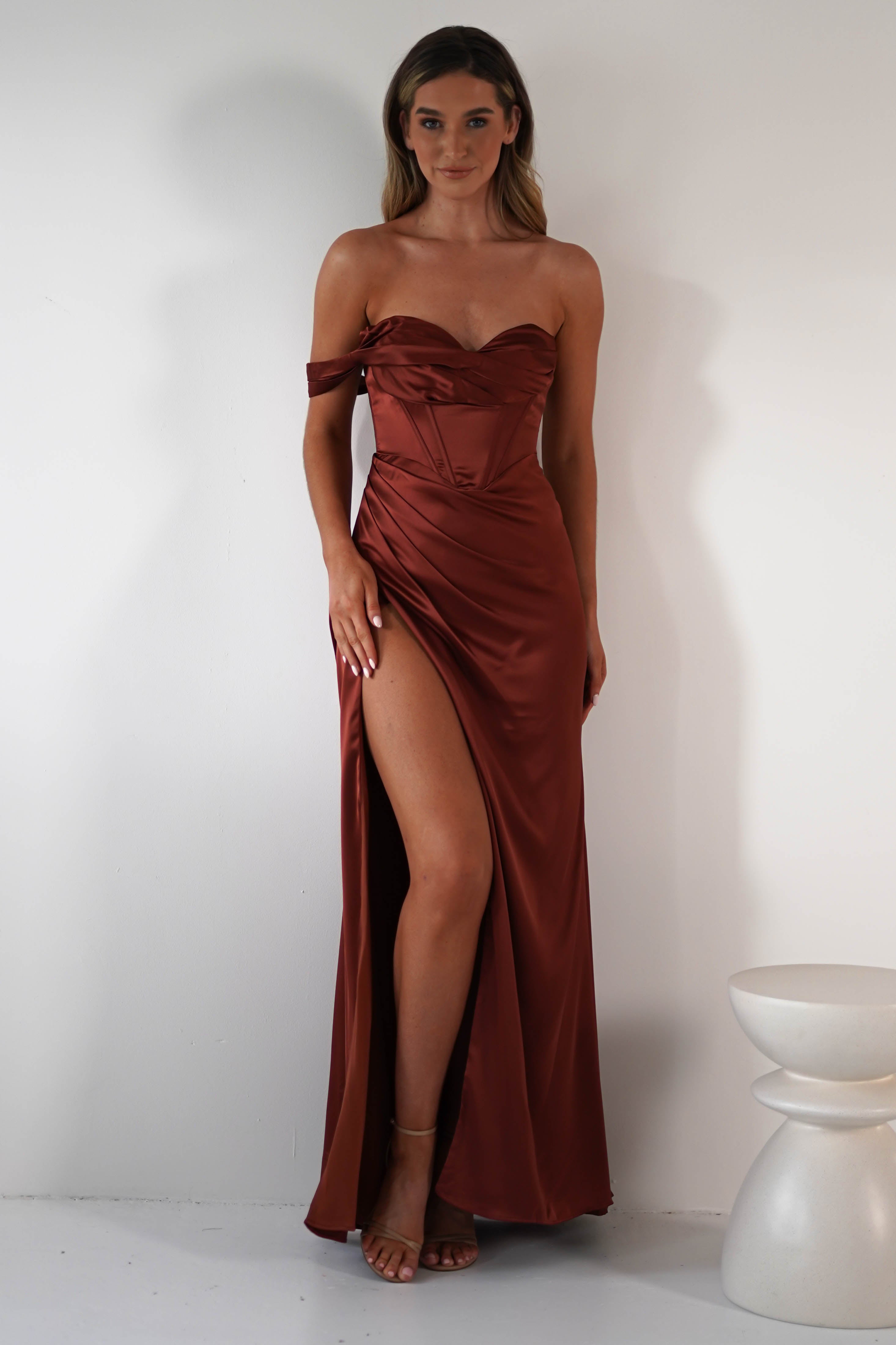 Nicolette Soft Satin Maxi Gown | Rust | Debs & Prom | Formal Gown | Oh Hello Clothing