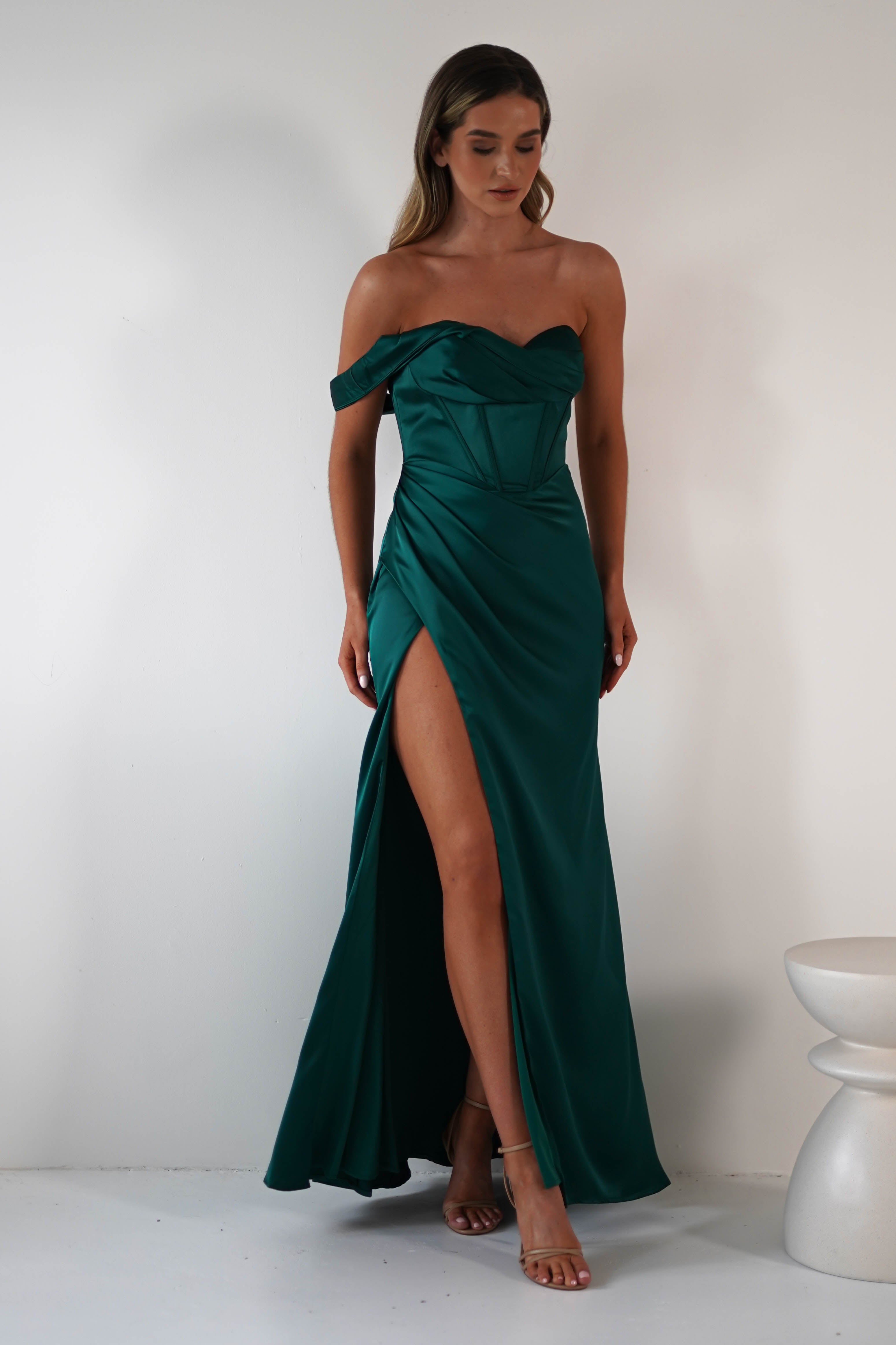 Nicolette Soft Satin Maxi Gown | Emerald Green | Debs & Prom | Formal Gown | Oh Hello Clothing