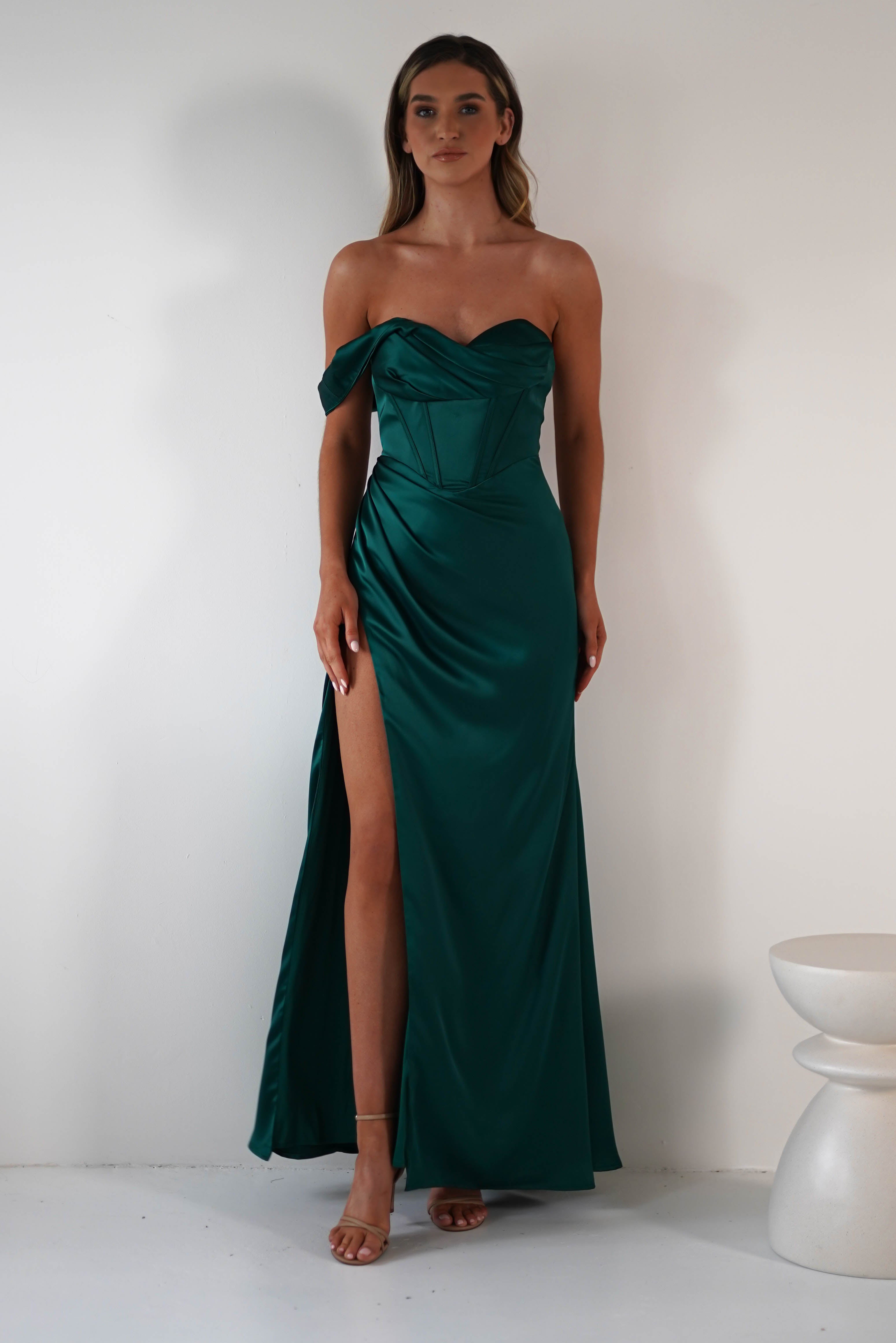Nicolette Soft Satin Maxi Gown | Emerald Green | Debs & Prom | Formal Gown | Oh Hello Clothing