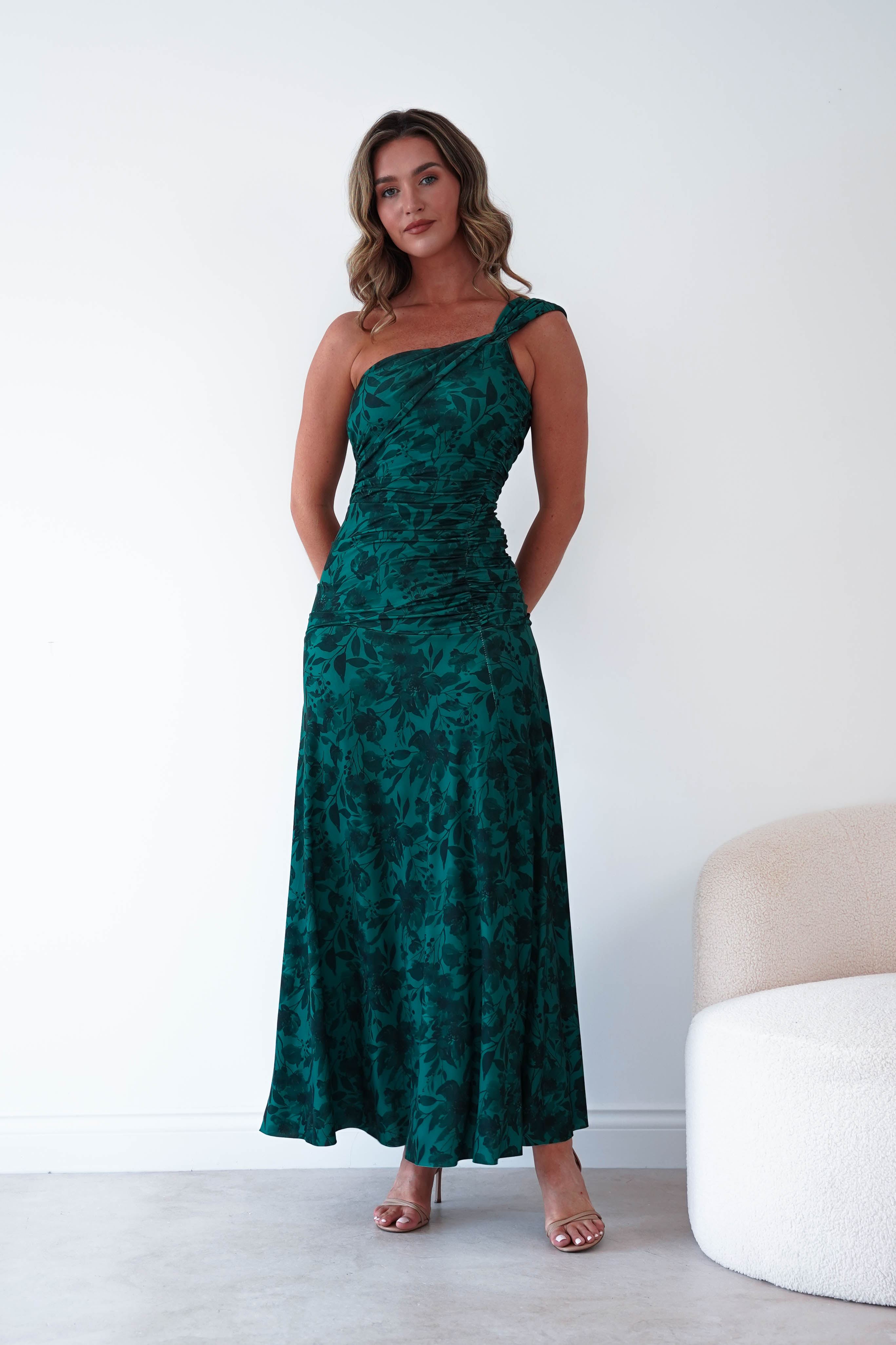 Oh Hello Clothing Women > Clothing > Dresses 1*DONE-ALBARAN- ALL ONE SIZE-Emerald Floral Ruched Maxi Skirt