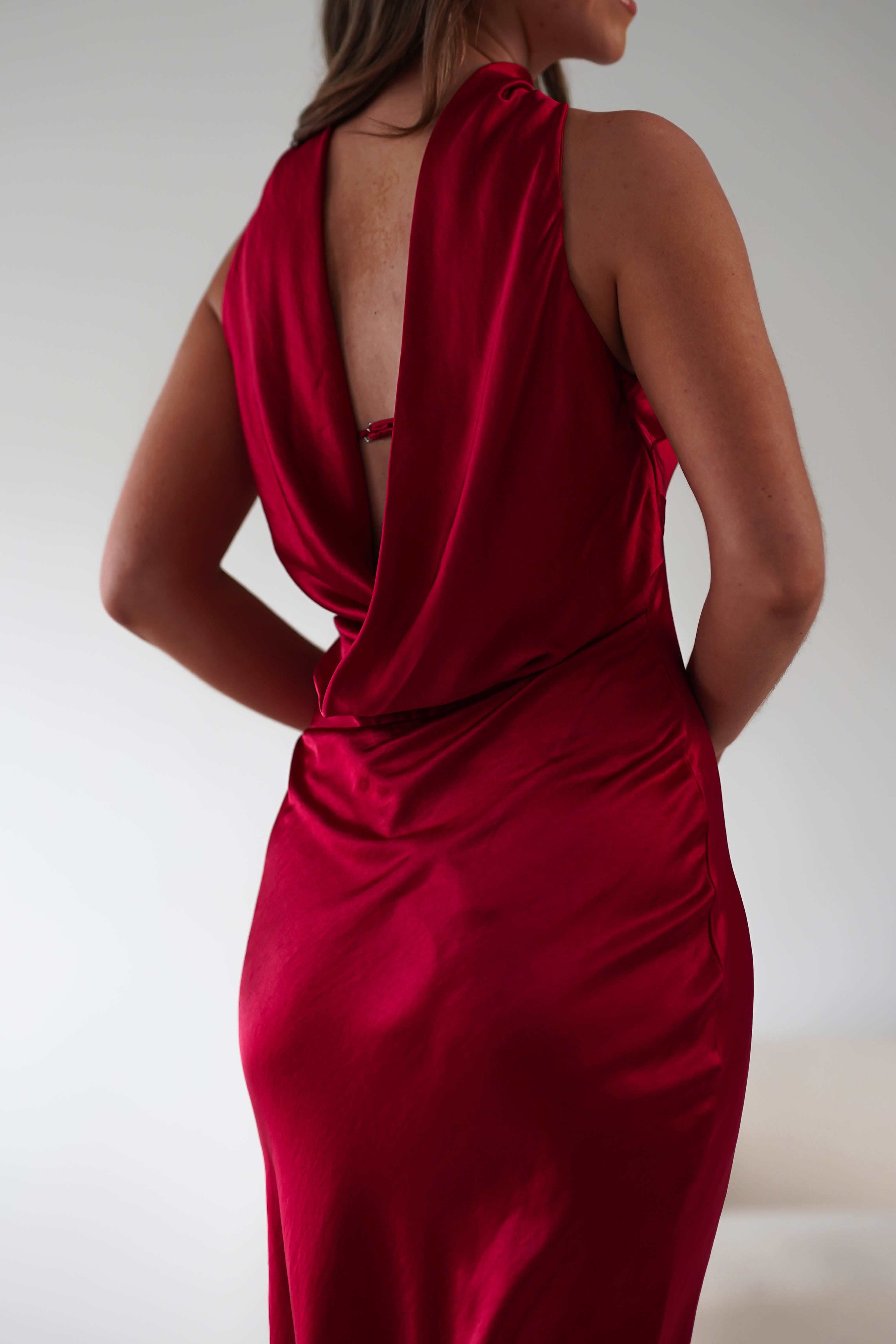 Alice Soft Satin Maxi Dress Dark Red | Wedding Guest Dress | Maxi | Satin | Oh Hello Clothing