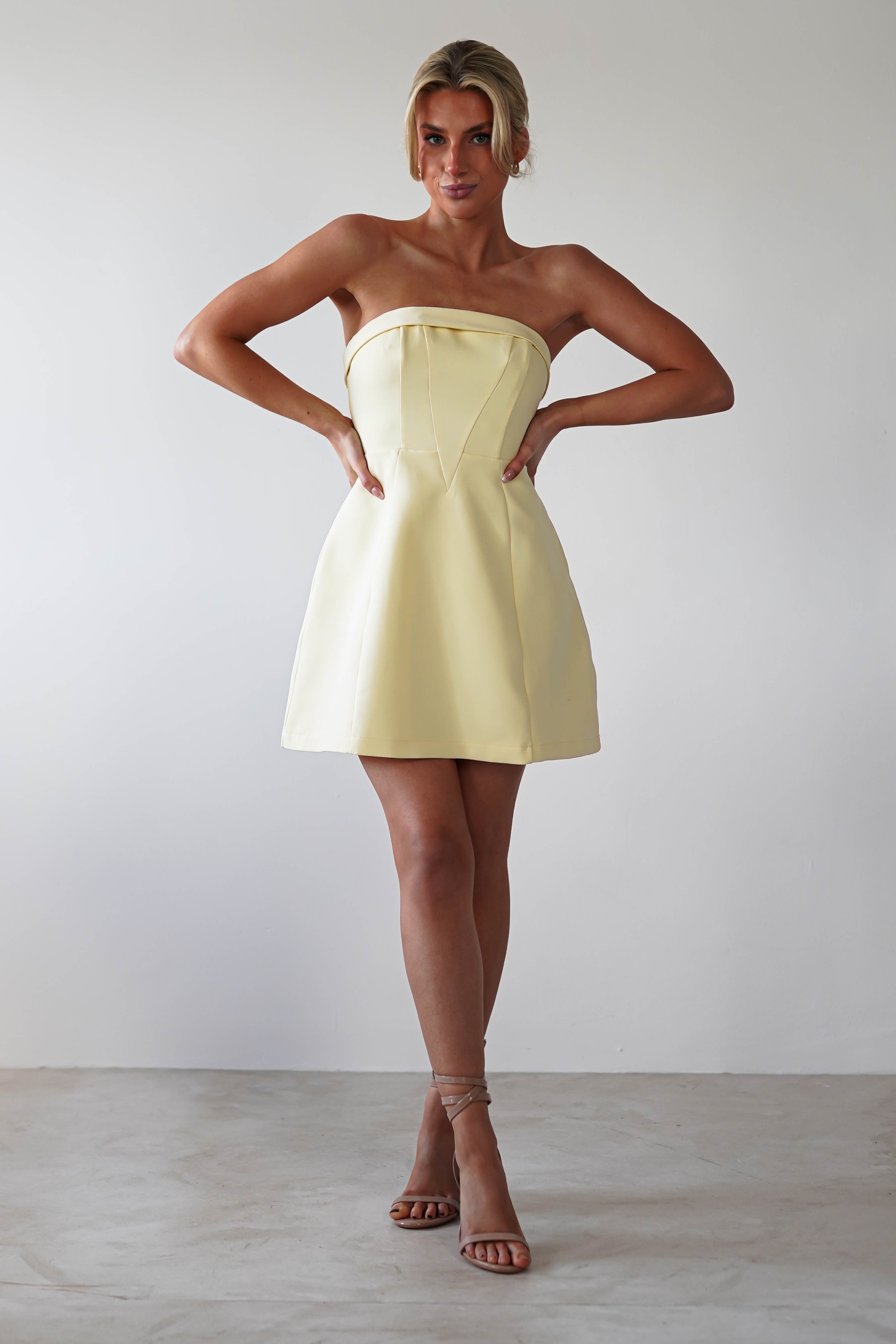 Angelica Structured Mini Dress Yellow | Wedding Guest Dress | Oh Hello Clothing