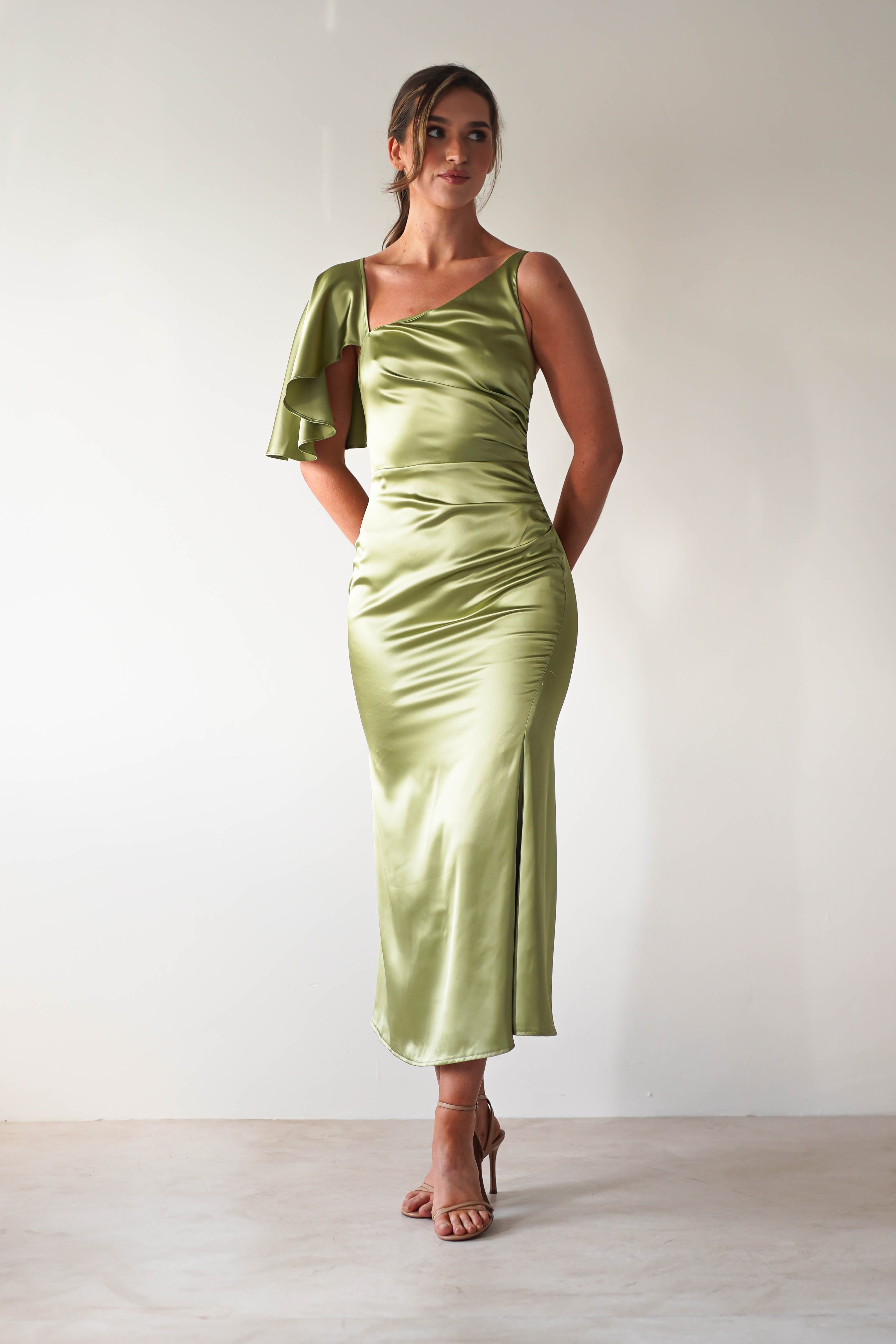 Esme Satin Midaxi Dress Lime Green | Wedding Guest Dress | Satin | Oh Hello Clothing